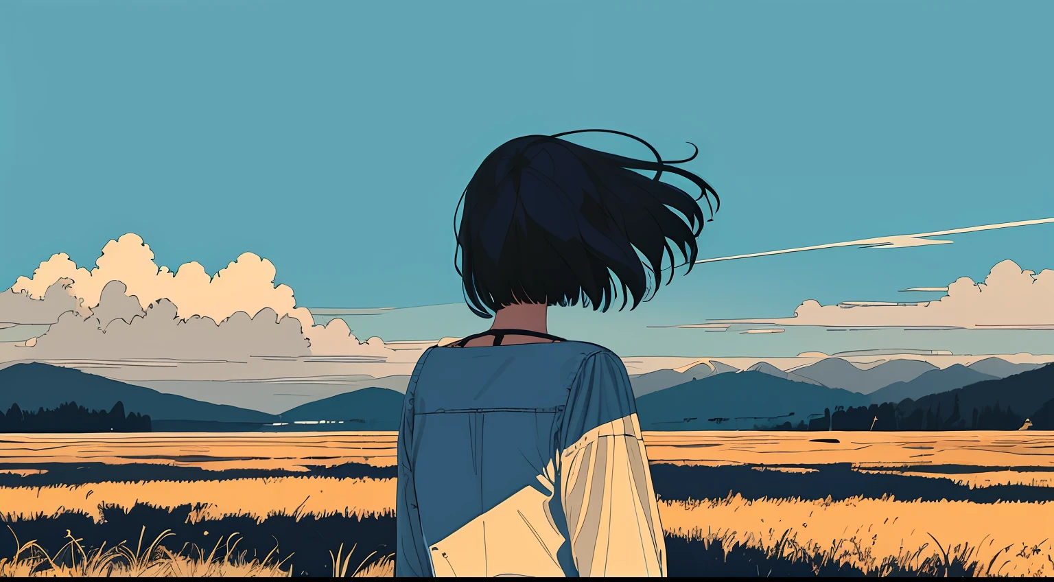 2girl, a girl that really miss someone she loves, sadness, dramatic, sky background, meadow, a silhoutte of the girl that she miss, ghost girl