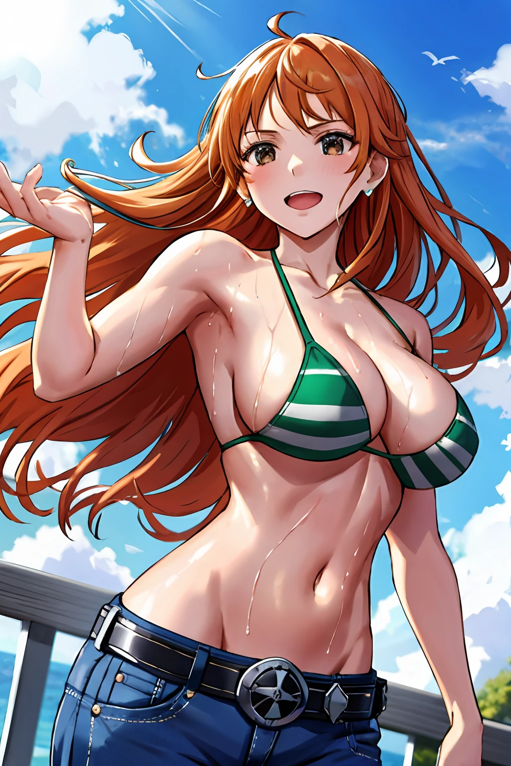 detailed background, masterpiece, 4k, best quality, late youth, adult, wrestler body, 1girl, active, energic, uppercut, (large mouth) , solo, nami \(one piece\), 1girl, bangle, (very wet, drenched in sweat, sweat all over body, very wet hair, tired, taking breath, open mouth, sweaty face, sweaty body, panting, sweating too much, shiny sweat, sweat stains, leaning forward, tilting, waving good bye with both hands), perfect detailed face, bold drawing lines, muscular arms, detailed bold arm lines, flat jaw, adult woman, wavy wide streaked bangs, floating bang streaks, (big cheeks), bare shoulders, off-shoulders, belt, bikini, bikini top only, blue sky, bracelet, springy breasts, breast lines, big round eyes, plain big brown shiny eyes, bubbles, high eye position, cleavage, cloud, day, denim, earrings, floating hair, shiny hair, green belt, green bikini, bold groin lines, jeans, jewelry, large breasts, log pose, long hair, looking at viewer, navel, wet hair, orange hair, pants, shoulder tattoo, sidelocks, sky, solo, standing, stomach, swimsuit, tattoo , looking at viewer, open mouth, detailed left arm, big forehead, hourglass figure, small head, toned body, wide hair, wind effect, sun effect, under the sun, narrow small ears angle, older, random poses,