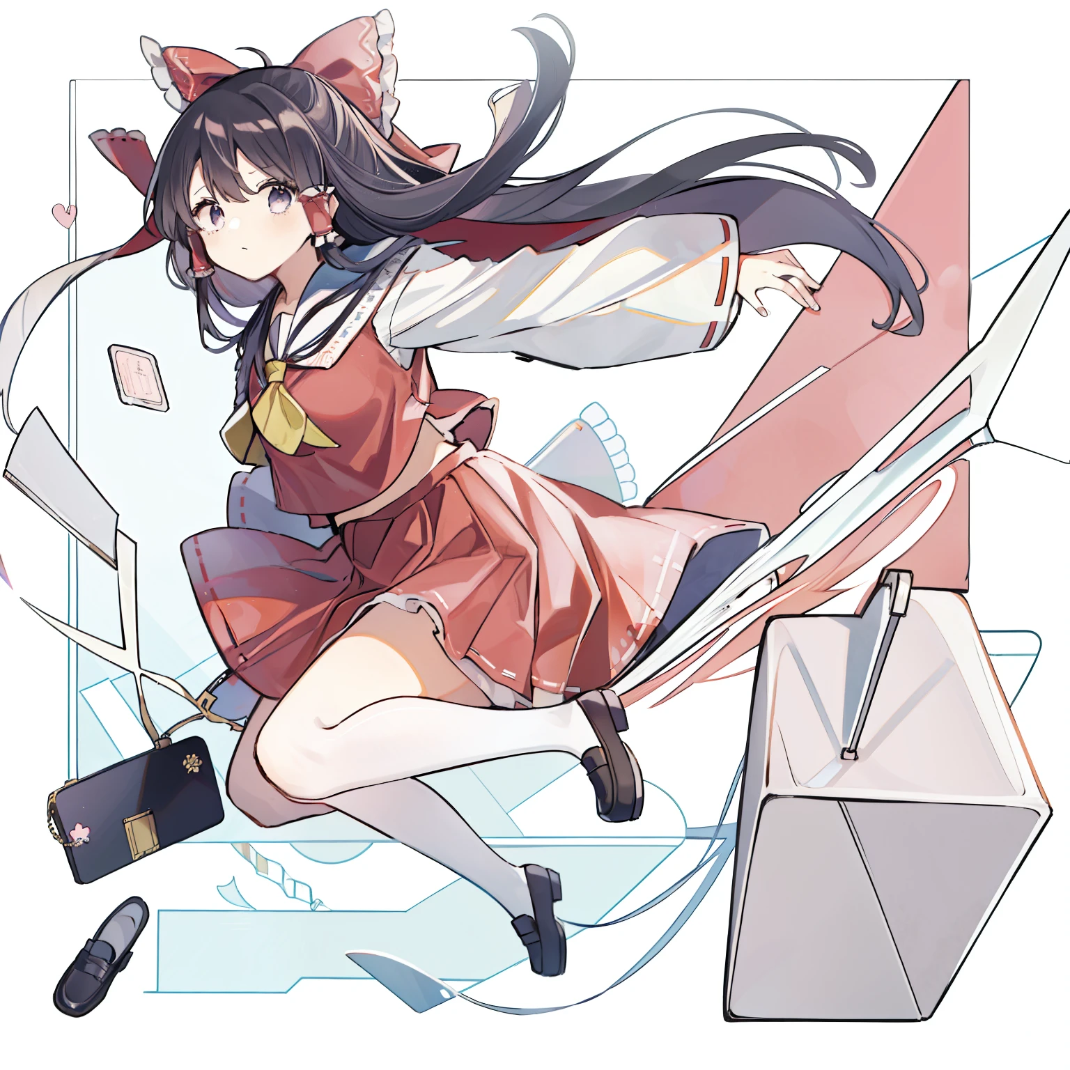 Depiction of a young woman with long hair holding a briefcase, 1 girl, Solo, reimu hakurei, School uniform, Just flat, Skirt, shoes, serafuku, White Sailor Uniform, sox, mary janes, School Background, different costume, Long sleeves, Black hair, Full body, Looking at Viewer, Long hair