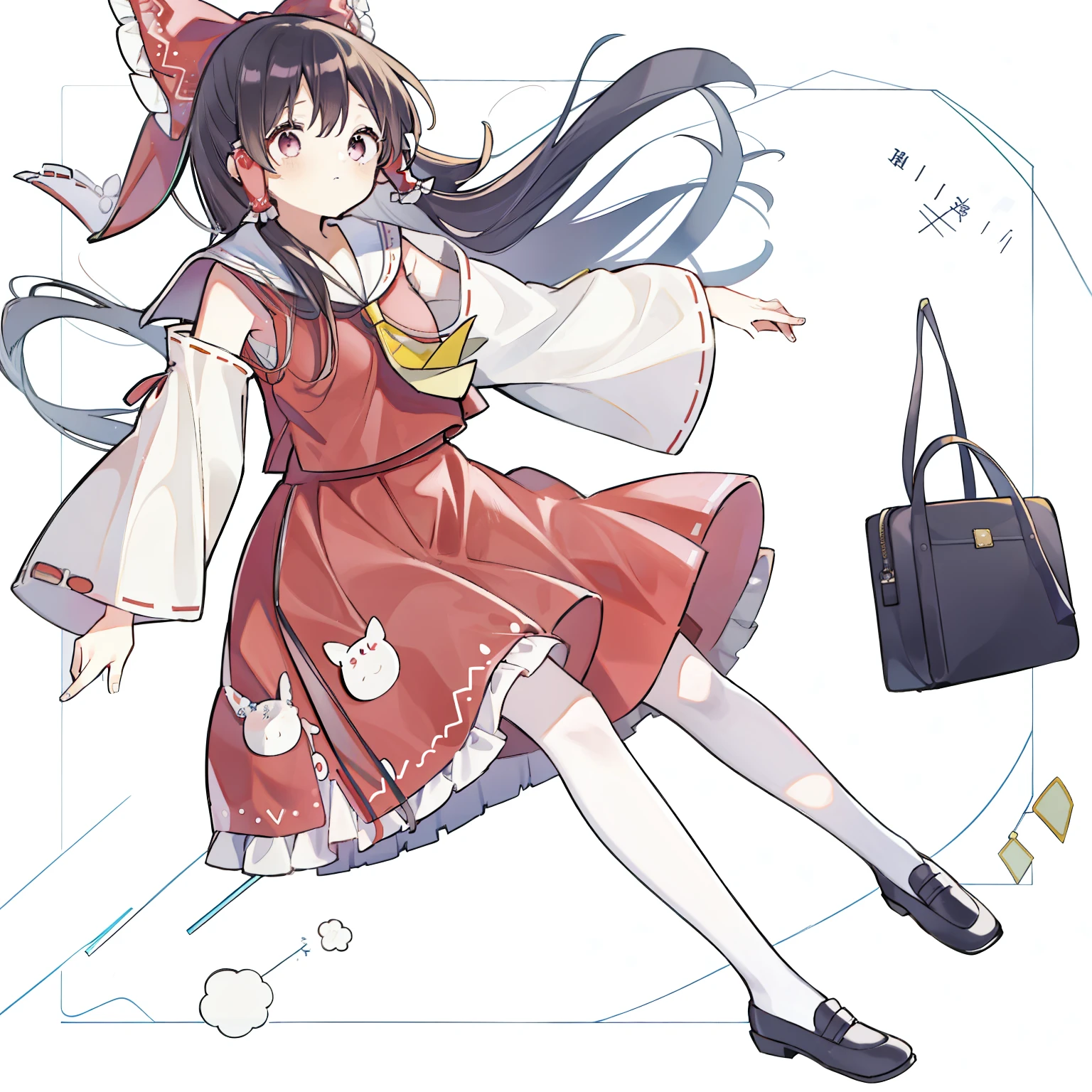 Depiction of a young woman with long hair holding a briefcase, 1 girl, Solo, reimu hakurei, School uniform, Just flat, Skirt, shoes, serafuku, White Sailor Uniform, sox, mary janes, School Background, different costume, Long sleeves, Black hair, Full body, Looking at Viewer, Long hair