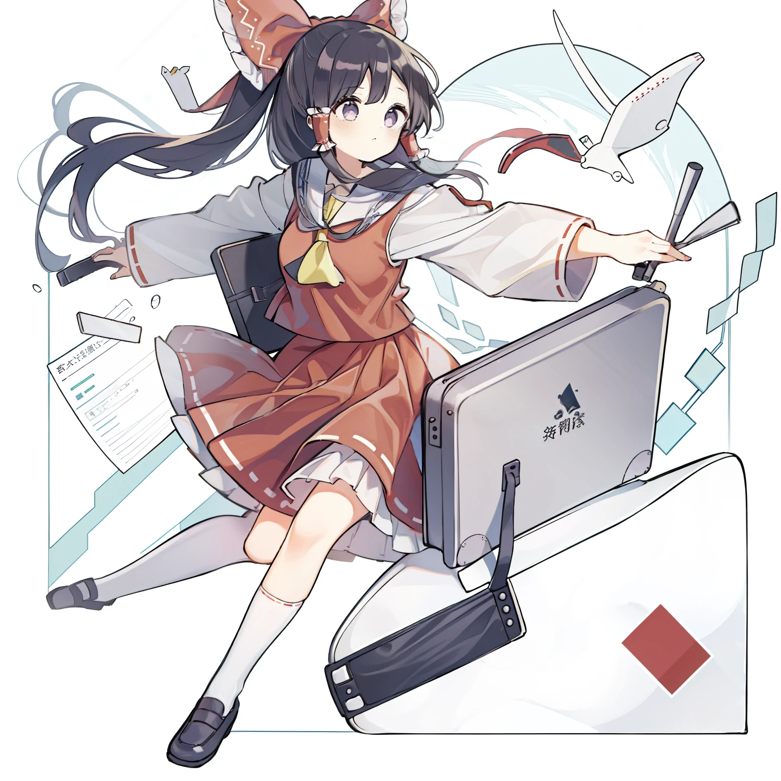 Depiction of a young woman with long hair holding a briefcase, 1 girl, Solo, reimu hakurei, School uniform, Just flat, Skirt, shoes, serafuku, White Sailor Uniform, sox, mary janes, School Background, different costume, Long sleeves, Black hair, Full body, Looking at Viewer, Long hair