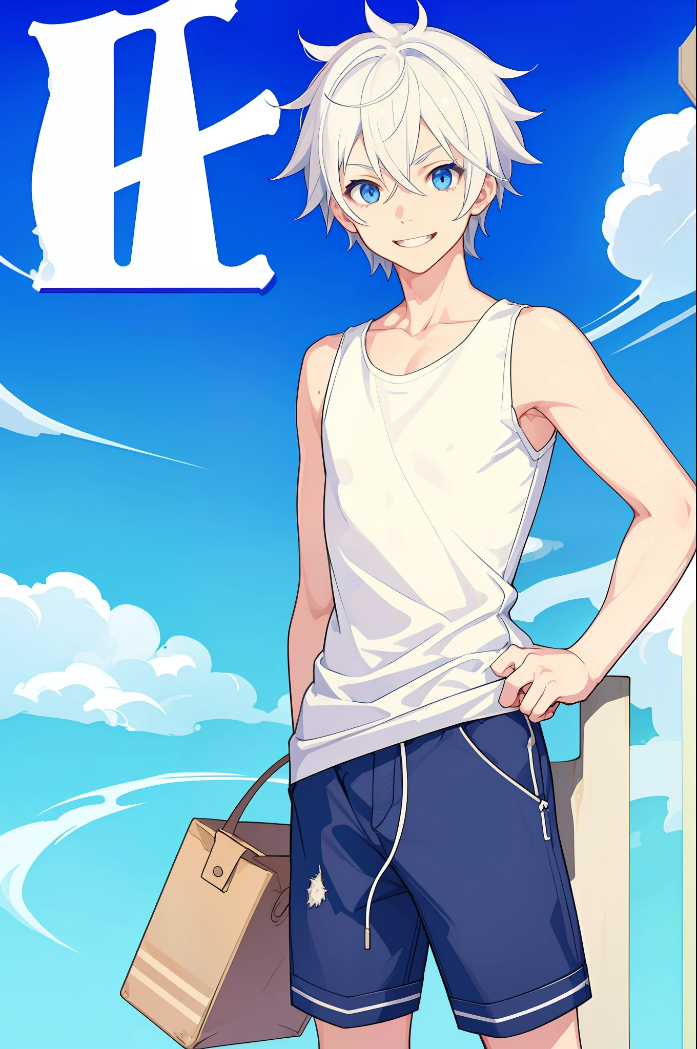 a kid cute boy, short white hair and blue eyes, smiling, ((masterpiece)),(((best quality)))wearing a casual tanktop and short pants, detailed face, detailed hair, looking at viewer, anime style, concept art, studio ghibly style, wholesome background