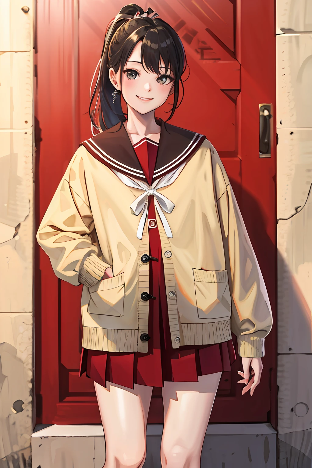 (highres, best quality:1.2), radiance, soft contours, beautiful drawing, masterpiece, best quality, highres, 1girl, ponytail, red sailor collar, long sleeves, open cardigan, serafuku, red skirt, white cardigan, black ribbon, long hair, socks, cowboy shot, smile, sparkling eyes, schoolyard