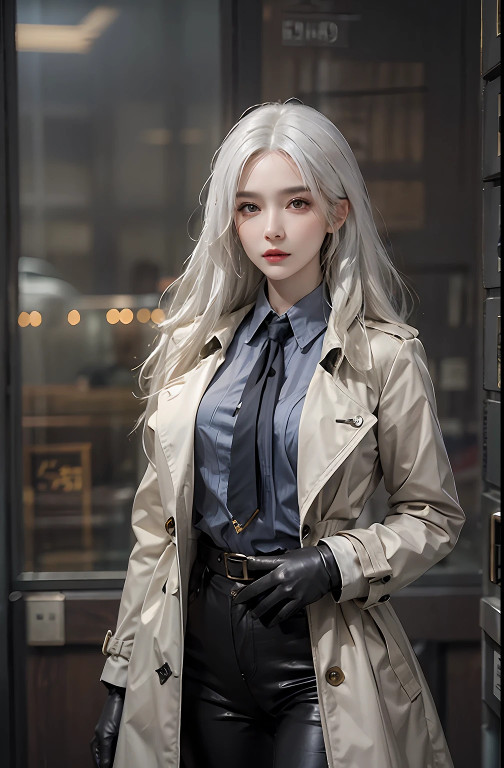 photorealistic, high resolution, 1 women, solo, hips up, look at viewer, (detailed face), white hair, long hair, medium breasts, detective costume, gloves, trench coat