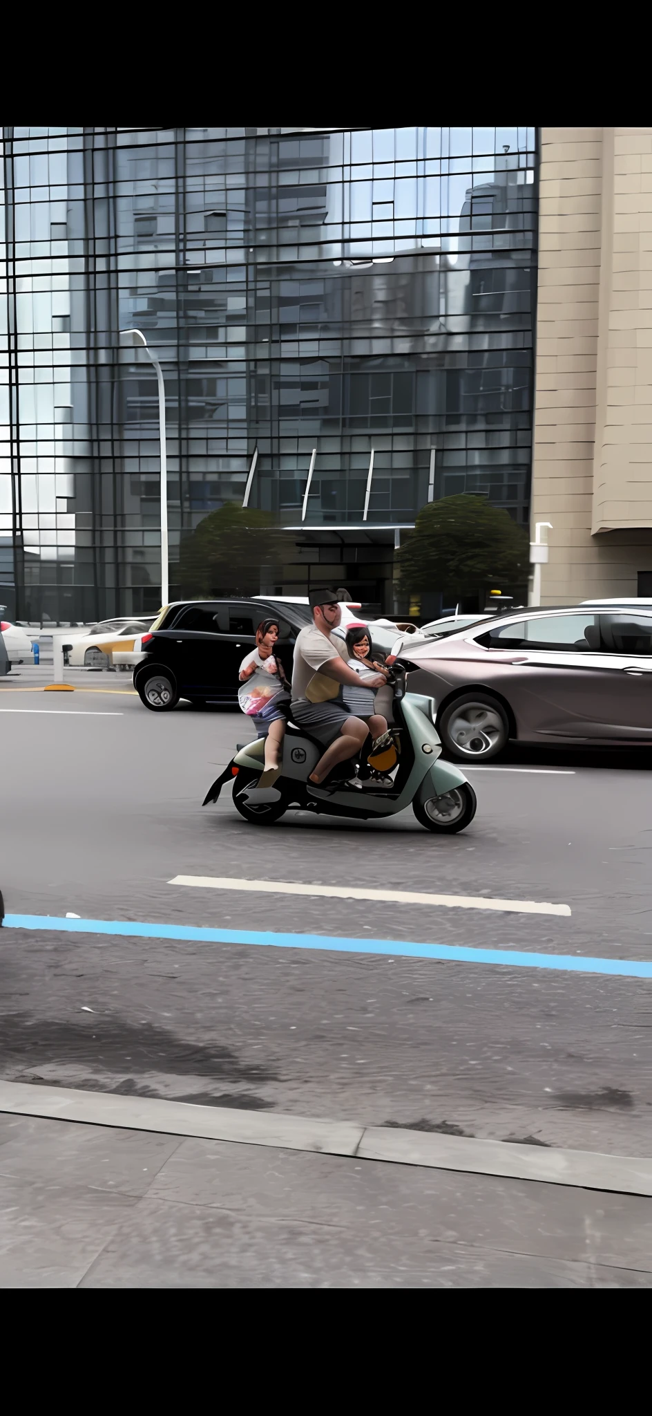 There were three people on the street riding mopeds, Have on the street, one motorbike in center of frame,in city street, Two small children riding motorcycle before and after, Their father drove a motorcycle,panning shot, people in street, On the road, riding a motorbike down a street, Moped, in a city street。incredibly detailed,8K,sci fi movie,mechs,punky style。