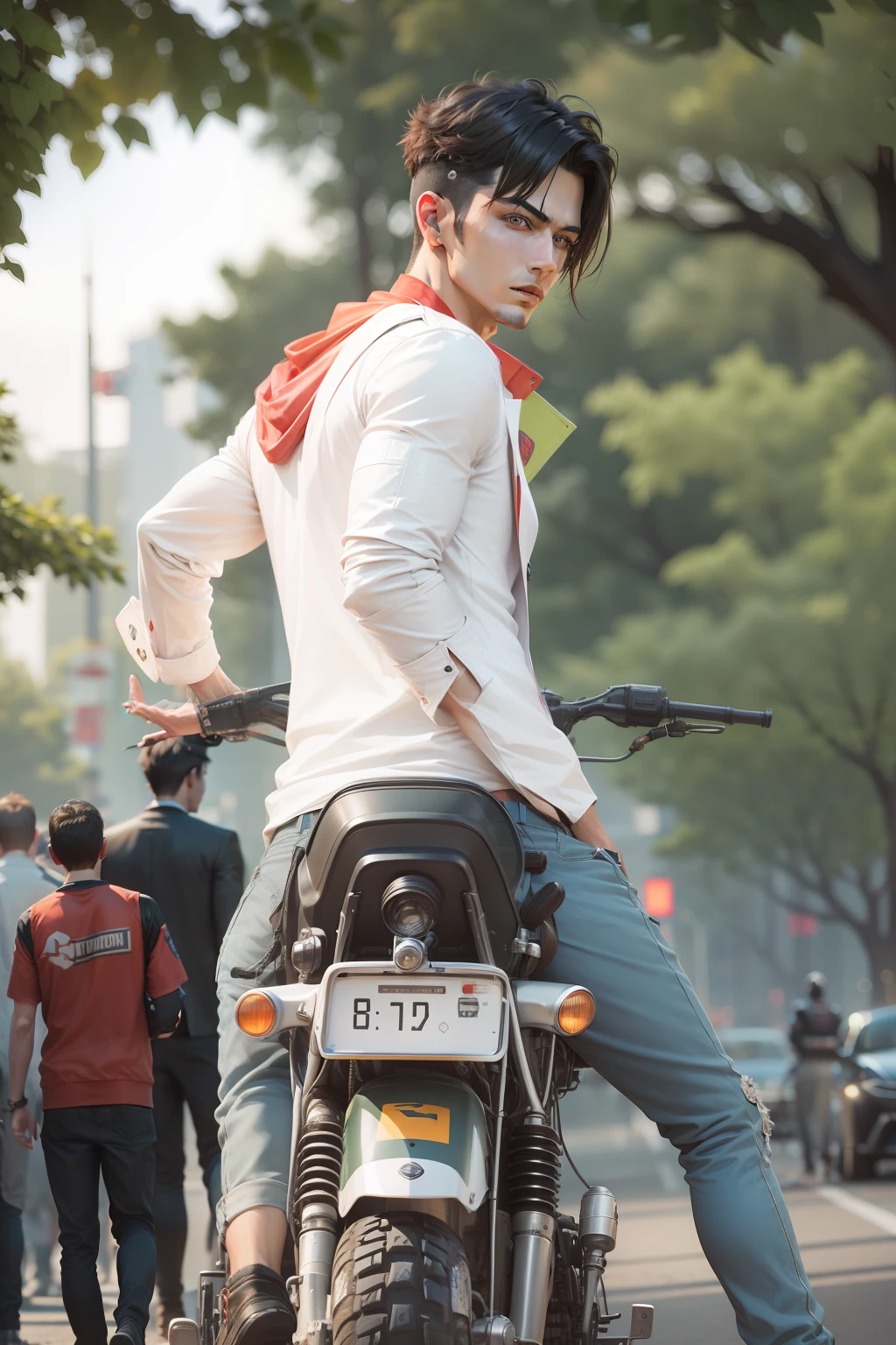 Background change cyberpunk handsome boy with brand car ultra modem realistic face