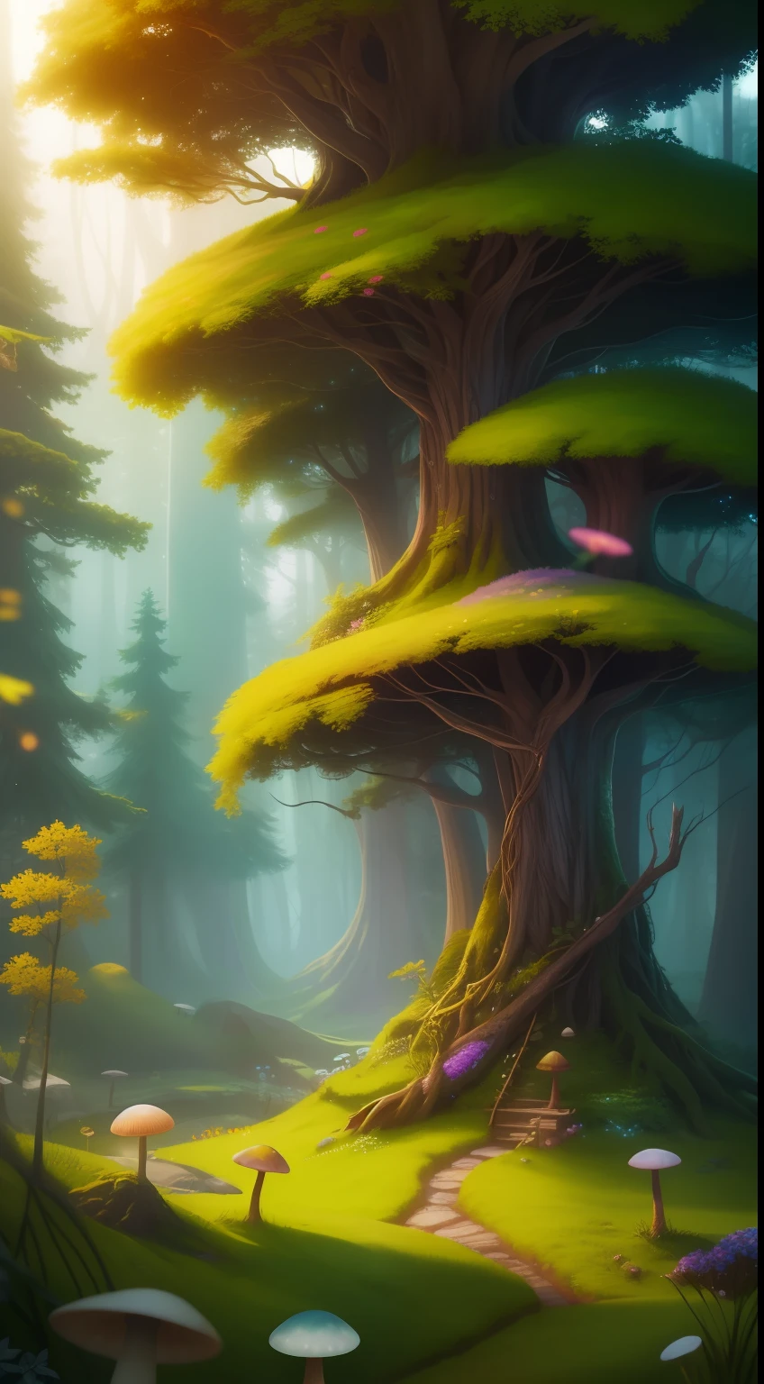 masterpiece, best quality, high quality,extremely detailed CG unity 8k wallpaper, An enchanting and dreamy scene of a fantasy forest, with towering trees, glowing mushrooms, and hidden fairy glens, creating a sense of mystique and enchantment, artstation, digital illustration, intricate, trending, pastel colors, oil paiting, award winning photography, Bokeh, Depth of Field, HDR, bloom, Chromatic Aberration ,Photorealistic,extremely detailed, trending on artstation, trending on CGsociety, Intricate, High Detail, dramatic, art by midjourney