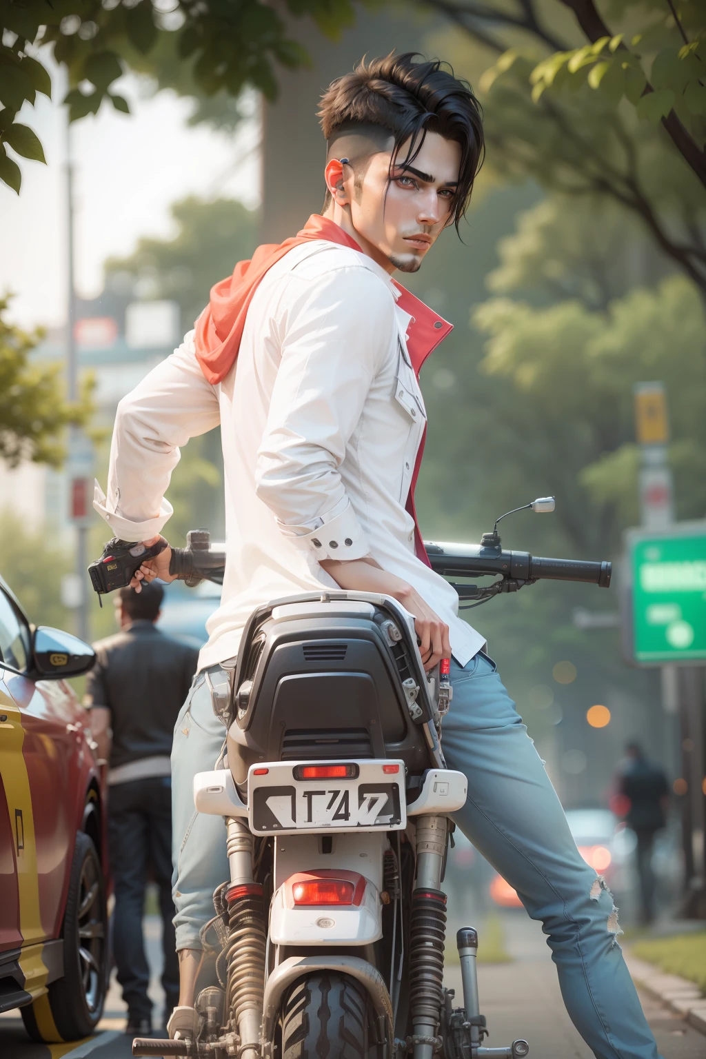 Background change cyberpunk handsome boy with brand car ultra modem realistic face