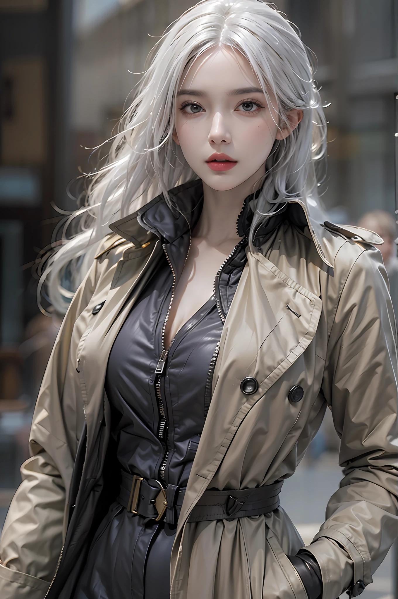 photorealistic, high resolution, 1 women, solo, hips up, look at viewer, (detailed face), white hair, long hair, medium breasts, detective costume, gloves, trench coat