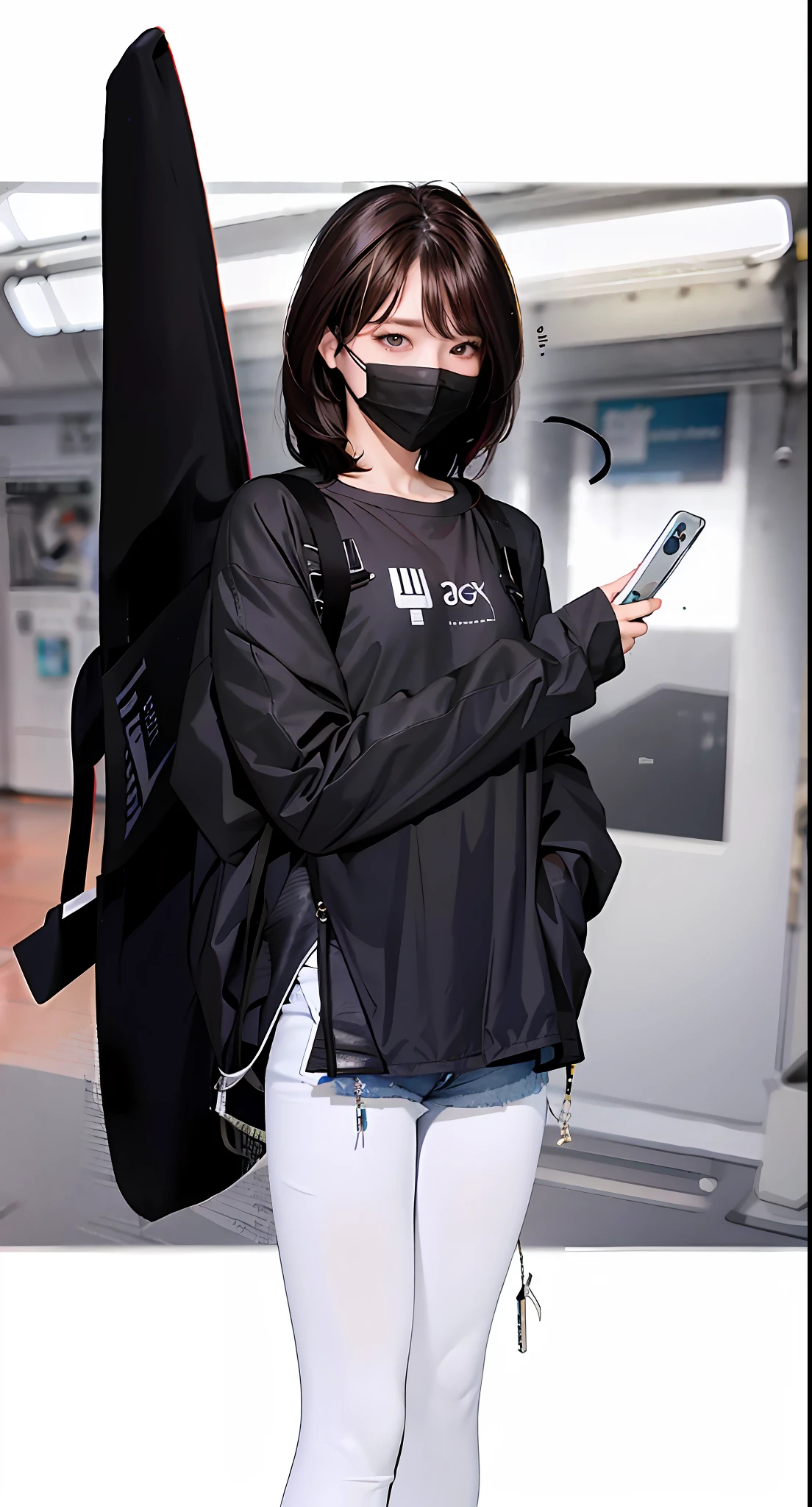 brunette color hair,Royal Sister,Raised sexy,Beth,prette,Raised sexy,Wear a mask,The phone holds the phone,offcial art,Unity 8k wallpaper,ultra - detailed,Aesthetics,tmasterpiece,best qualtiy,realisticlying,illuminating,Frankness,photore,A high resolution,4K,8K,Bokeh,Photo level