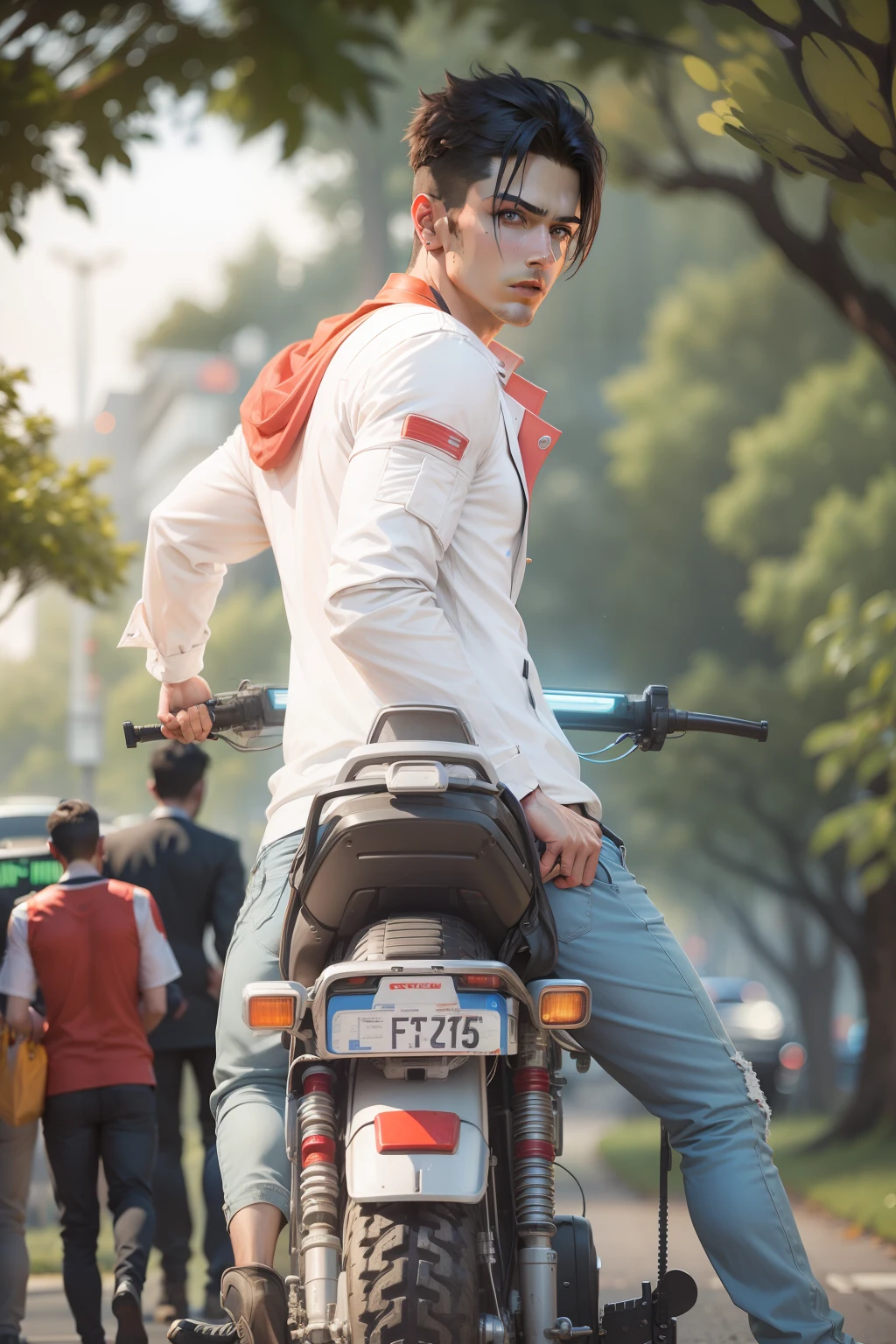 Background change cyberpunk handsome boy with brand car ultra modem realistic face