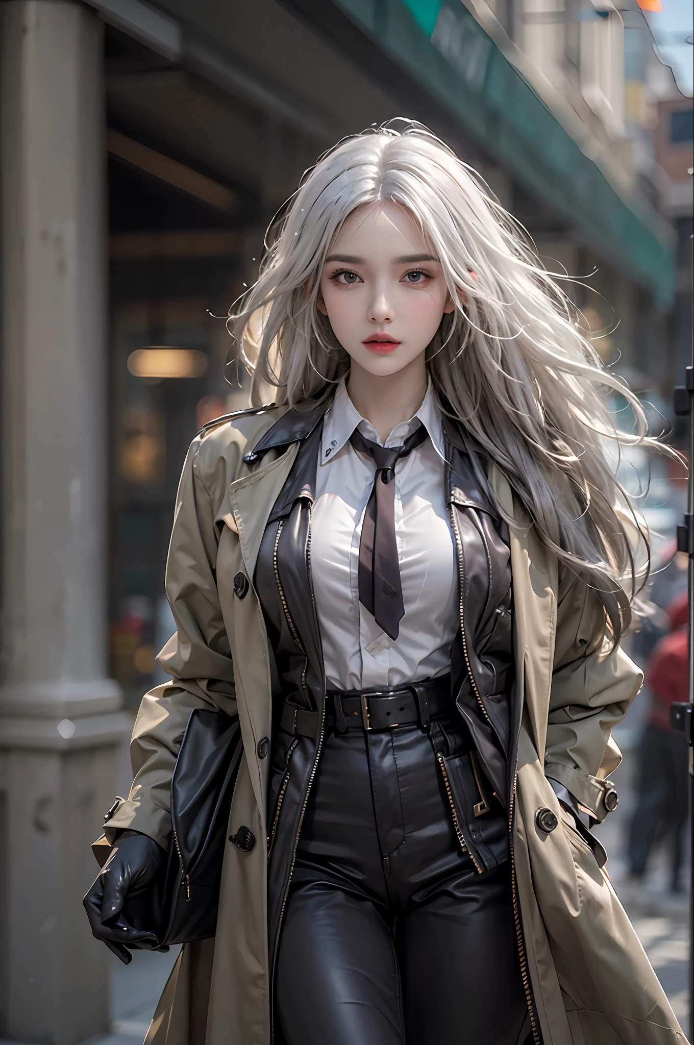 photorealistic, high resolution, 1 women, solo, hips up, look at viewer, (detailed face), white hair, long hair, medium breasts, detective costume, gloves, trench coat