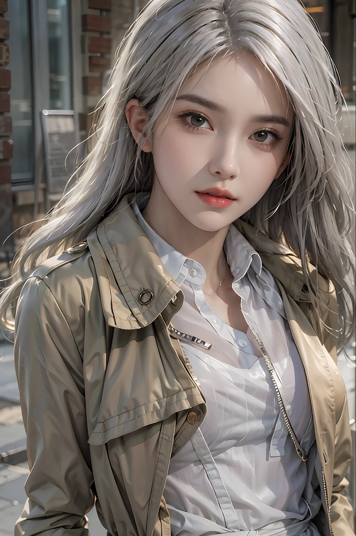 photorealistic, high resolution, 1 women, solo, hips up, look at viewer, (detailed face), white hair, long hair, medium breasts, detective costume, gloves, trench coat