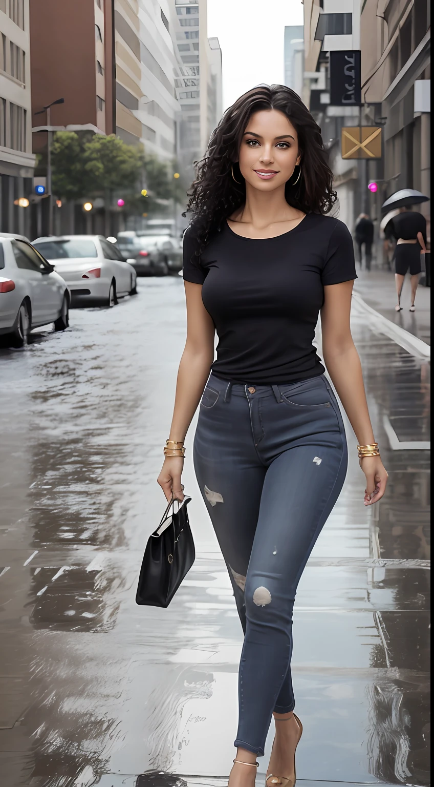 ((Best Quality, 8k, Masterpiece:1.3)), Focus: 1.2, Perfect Body Beauty: 1.4, front looking 1.2, ((Long Hair)), (dark gray round neck plain Tee-shirt, regular fitting:1.1) , (Rainy, Street:1.3), Dark blue skinny damage jeans, full length jeans: 1.1, Highly detailed face and skin texture, Detailed eyes, Double eyelids, toned body, Whitened skin, smile, black curly hair's, heels, firm breasts, firm thiges, looking at camera, fashion shoot style, walking style, full body length tee-shirt, Short sleeves, high heels, beautiful feet's, casual jewelry, earrings, hand bangle's and golden watch. Carrying hand bag,