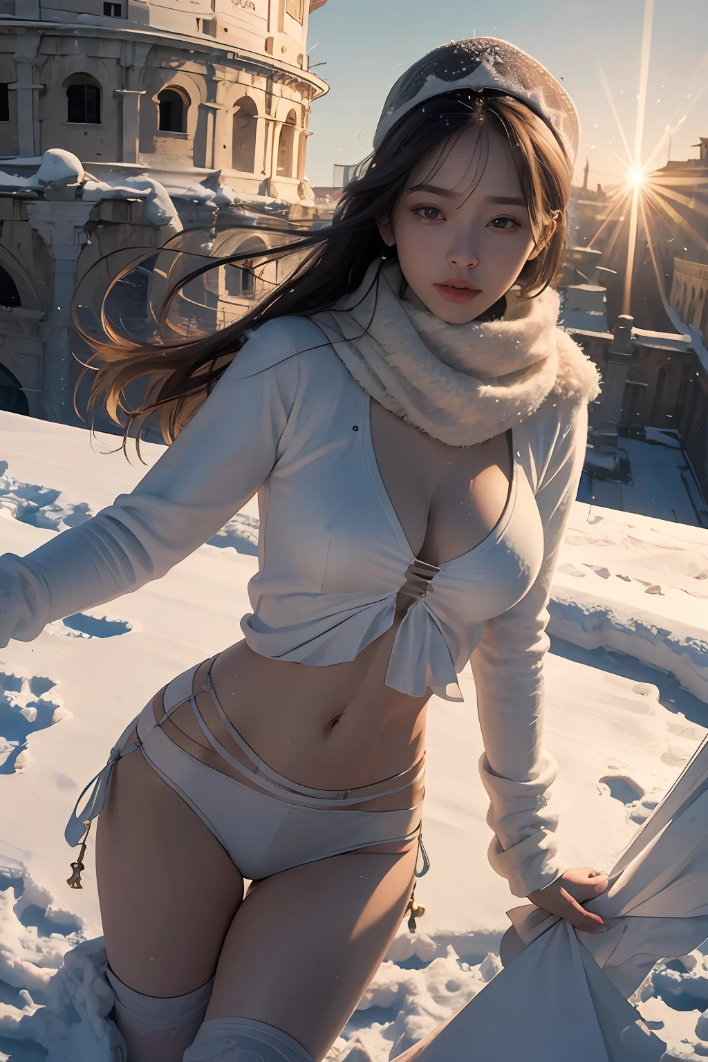 (RAW photo, best quality), (realistic, photo-realistic:1.3),best quality,highly detailed,masterpiece,ultra-detailed,illustration,2girls,duo,navel,(on the Castel Sant'Angelo of Rome,crowd,winter,Snow),upper_body,dynamic angle,world masterpiece theater,messy_long_hair,best quality,extremely detailed CG unity 8k wallpaper,ink,Amazing,cinematic lighting,lens_flare,,dunhuang_style