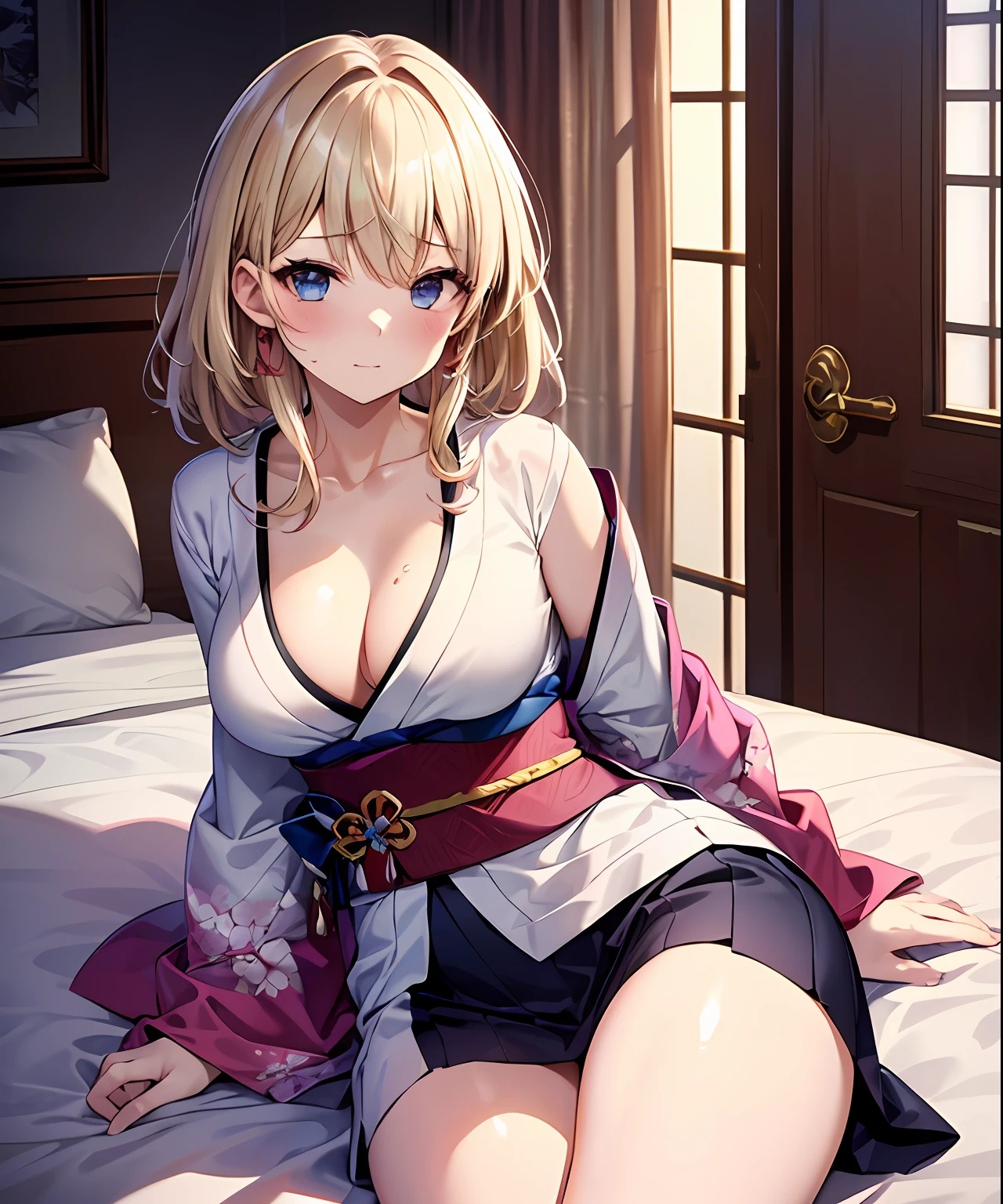 (​masterpiece、top-quality)、独奏、1girl in、a 1 girl、a blond、Medium Hair、cleavage of the breast, Medium Breasted, thighs thighs thighs thighs, Shy face、Embarrassing face、Kimono、Hadanugi Dosa 、on the beds、Bedroom