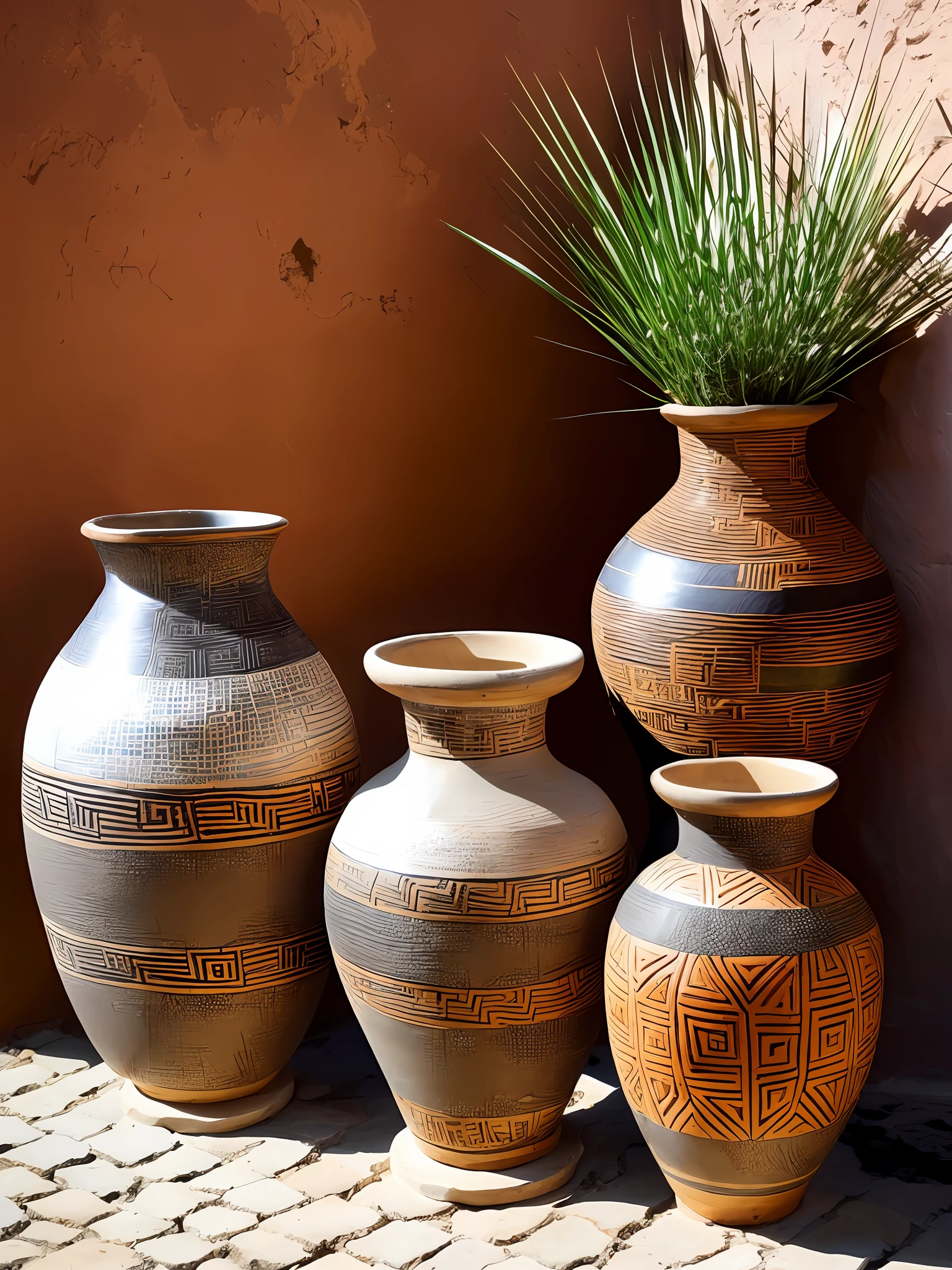 Welcome to a unique visual masterpiece! Prepare-se para ser transportado para o fascinante mundo dos vasos africanos de terra, where the authentic and rustic style comes to life in an ultra realistic image, repleta de detalhes minuciosos.

In this magnificent scene, You will find a collection of African vases adorned with African designs, traditional patterns and shapes that reflect the continent's rich artistic heritage. Each vase is a true work of art, meticulously carved and shaped by skilled craftsmen, whose passion for tradition shines through in every detail.

As texturas terrosas da terra se destacam na imagem, allowing you to feel the tactile authenticity of these unique pieces of art. Each drawing tells a story, connecting you with African ancestral culture and symbols.

Ultra-realistic image quality provides an immersive visual experience, where you can appreciate every detail, como se estivesse examinando pessoalmente esses vasos fascinantes.

Prepare-se para se encantar e apreciar a beleza desta imagem, that perfectly captures the essence of African earth vessels and the cultural richness of the African continent. A visual experience that enriches the soul and highlights the artistic mastery that endures throughout the ages