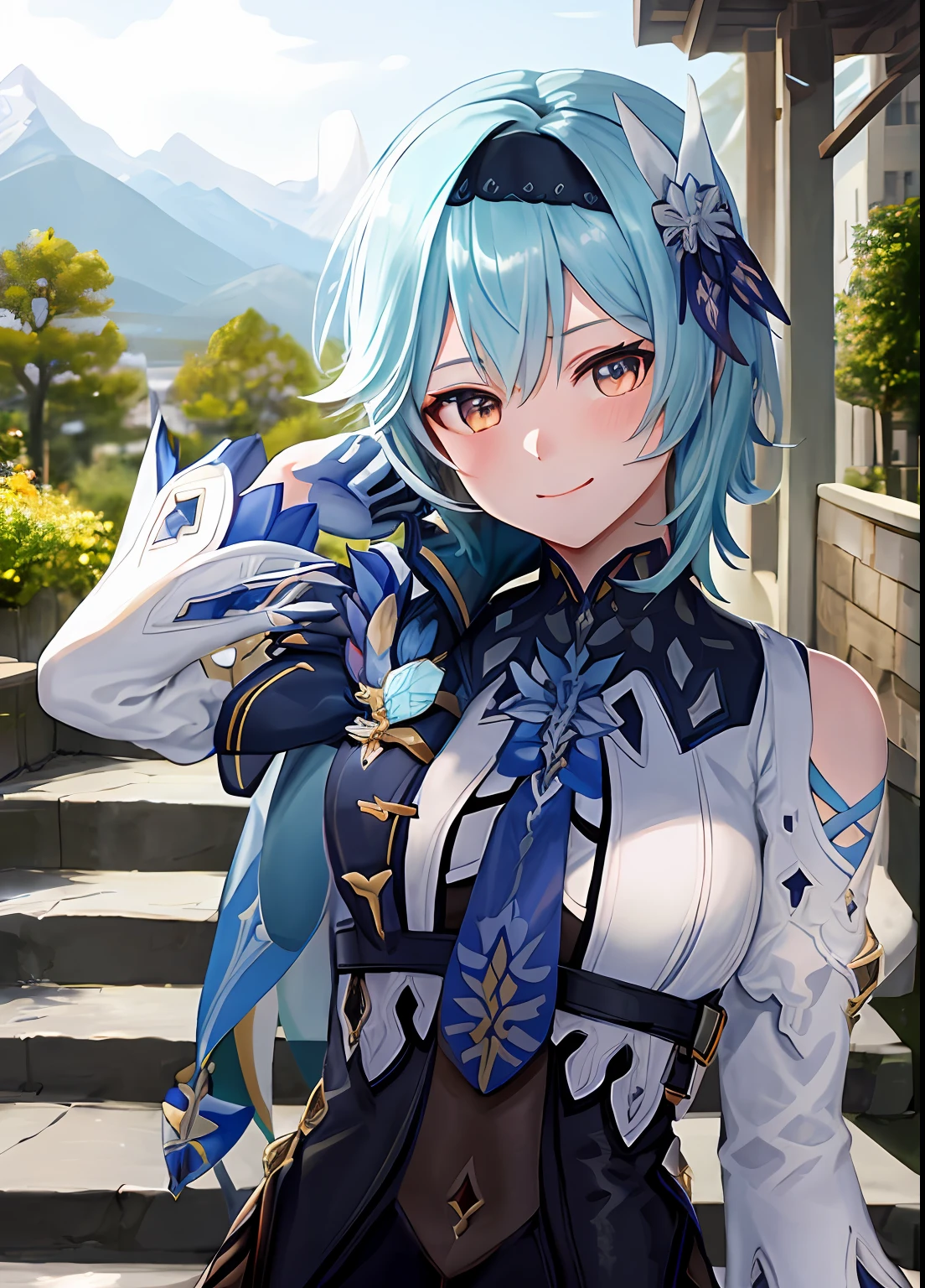 euladef, upper body, smile, blush, outdoors, day, simple background, blue sky, short hair, sky, temple, looking at viewer, stairs, mountain, moody lighting,