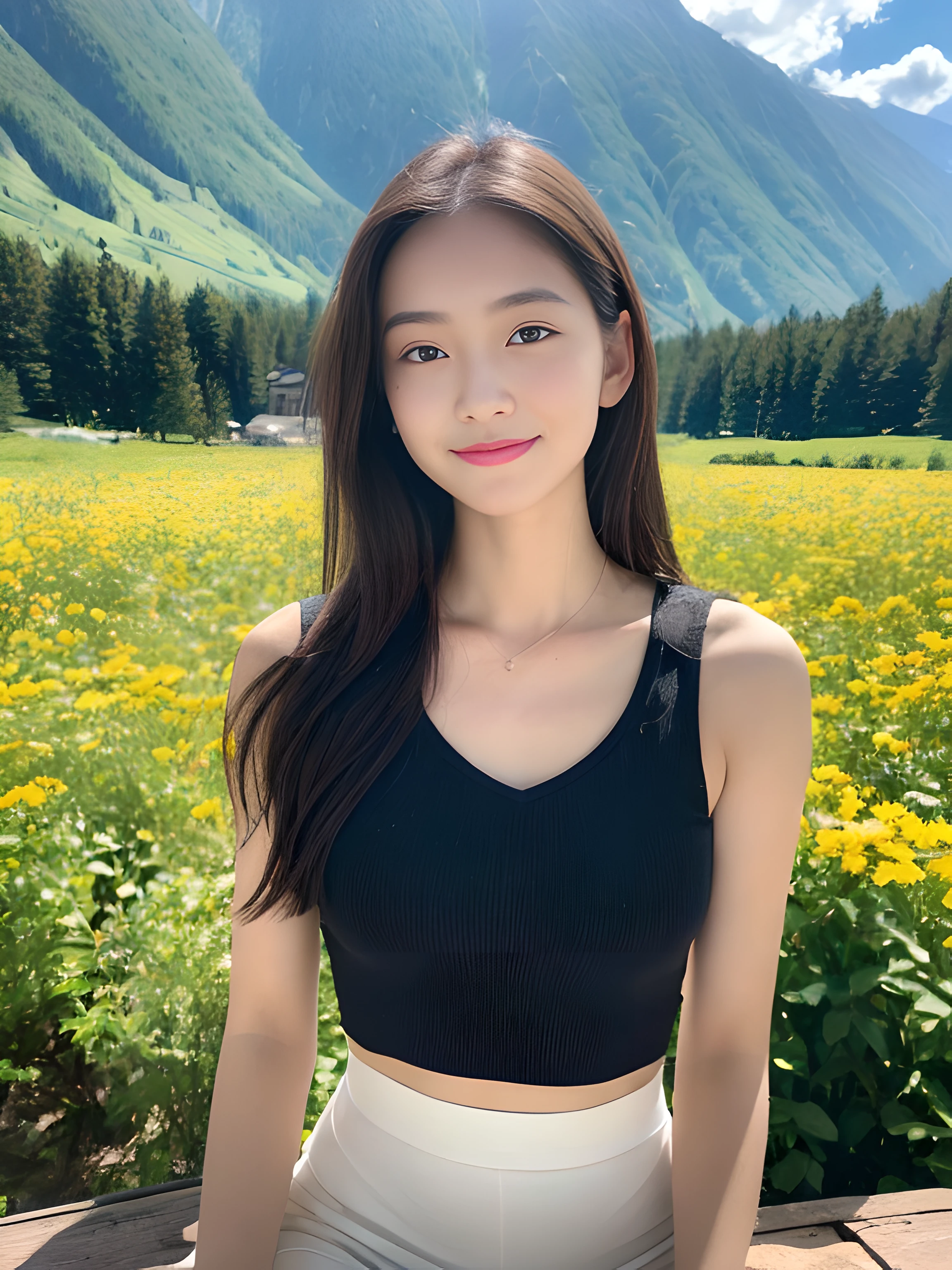 ((best qualtiy, 8K, tmasterpiece:1.3)),Focus:1.2, female high-school student，wooden cabin，（A look of determination）（adolable），delicated face，Long hair waist-length，long hair flowing，Tilt your head，ssmile，Hair details，Delicate Full Body Portrayal，Delicate depiction of the face，Best picture quality，A high resolution，细致背景，Delicate portrayal，exquisitedetails，Rich in detail，Facial strengthening，(Black crop top with crop top，short  skirt)，with blue sky and white clouds，Sitting Among the Flowers，wooden cabin，There are no bags under the eyes