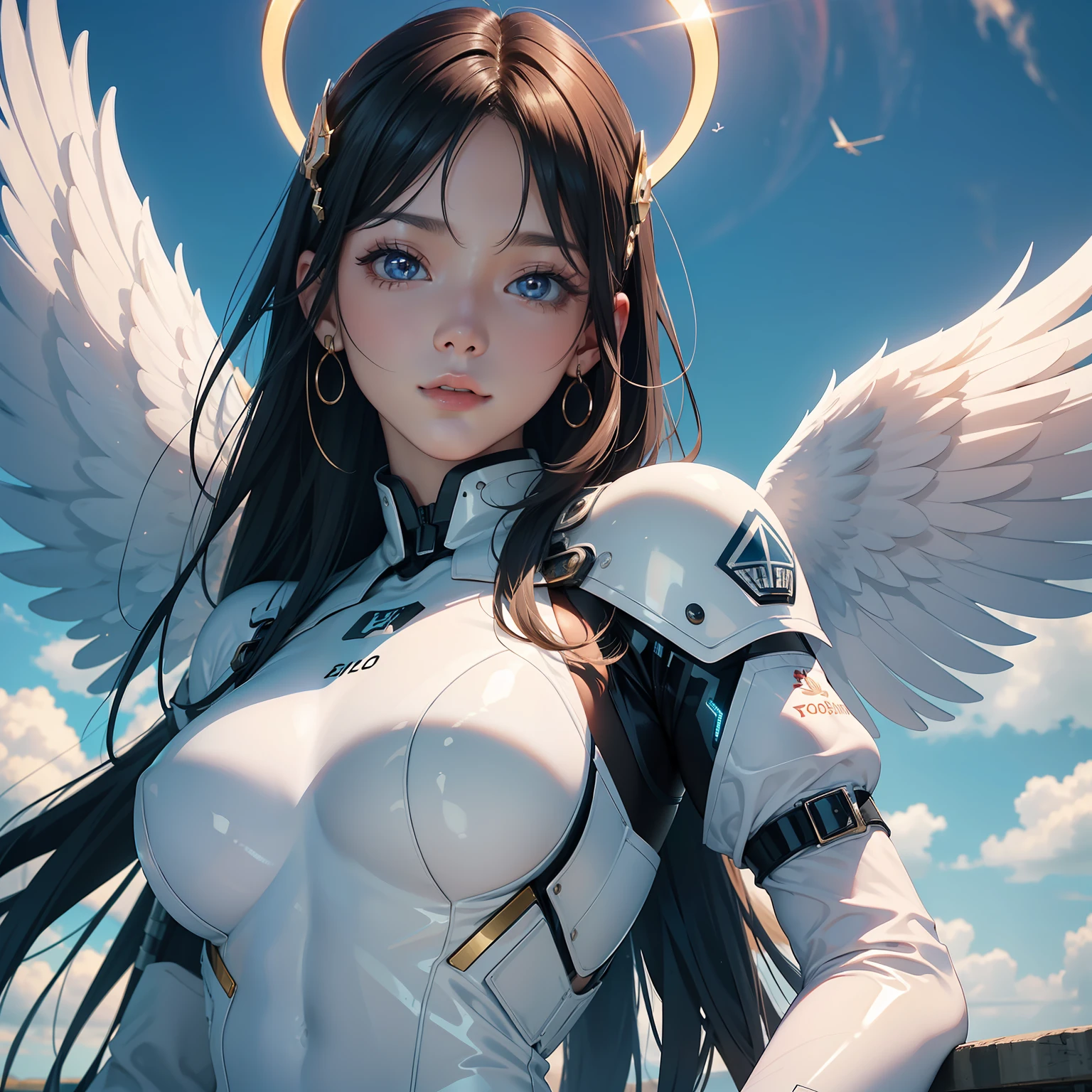 (best quality: 1.6), (masterpiece: 1.4), intricate detail, (cute gorgeous gorgeous 20 year old korean girl: 1.3), (1 girl: 1.3), (detailed sky: 1.2), (white latex Wearing a bodysuit: 1.3), angel, angelwings, (cybernetic halo: 1.3), (small head: 1.4), (big breasts: 1.2), detailed eyes detailed pupils multiple eyes,