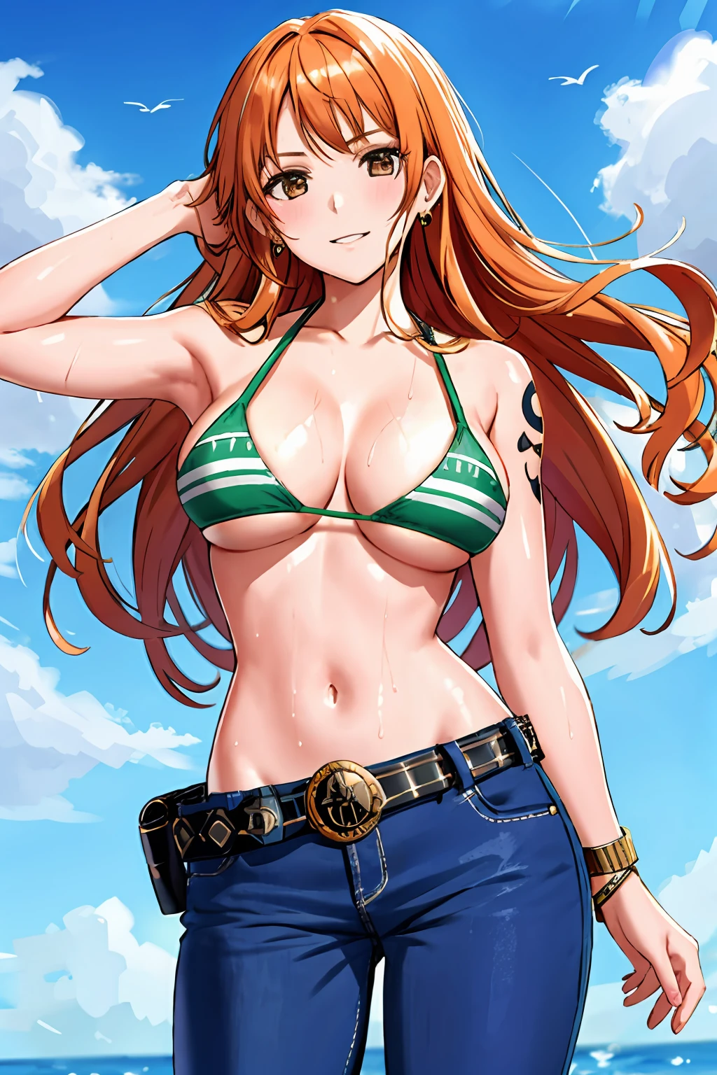 detailed background, masterpiece, 4k, best quality, late youth, adult, wrestler body, 1girl, active, energic, uppercut, (large mouth) , solo, nami \(one piece\), 1girl, bangle, (very wet, drenched in sweat, sweat all over body, very wet hair, tired, taking breath, open mouth, sweaty face, sweaty body, panting, sweating too much, shiny sweat, sweat stains, leaning forward, tilting, waving good bye with both hands), perfect detailed face, bold drawing lines, muscular arms, detailed bold arm lines, flat jaw, adult woman, wavy wide streaked bangs, long side bangs, floating bang streaks, (big cheeks), bare shoulders, off-shoulders, belt, bikini, bikini top only, blue sky, bracelet, springy breasts, breast lines, big round eyes, plain big brown shiny eyes, bubbles, high eye position, cleavage, cloud, day, denim, earrings, floating hair, shiny hair, green belt, green bikini, bold groin lines, jeans, jewelry, large breasts, log pose, long hair, looking at viewer, navel, wet hair, orange hair, pants, shoulder tattoo, sidelocks, sky, solo, standing, stomach, swimsuit, tattoo , looking at viewer, open mouth, detailed left arm, big forehead, hourglass figure, small head, toned body, wide hair, wind effect, sun effect, under the sun, narrow small ears angle, older, random poses,