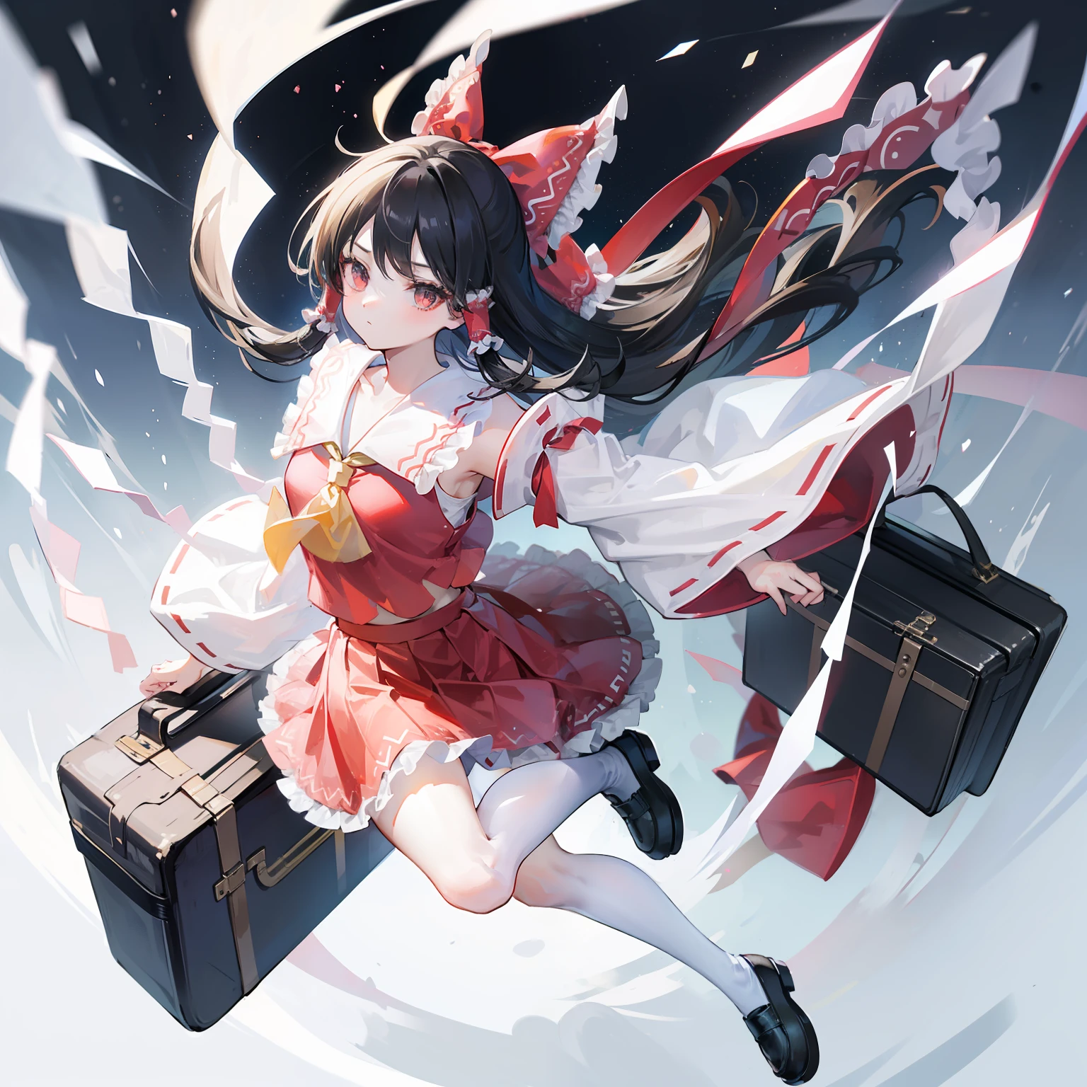 Depiction of a young woman with long hair holding a briefcase, 1 girl, Solo, reimu hakurei, School uniform, Just flat, Skirt, shoes, serafuku,White tops、 White Sailor Uniform, sox, mary janes, School Background, different costume, Long sleeves, Black hair, Full body, Looking at Viewer, Long hair