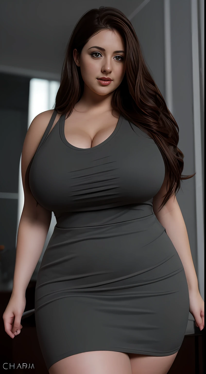 A curvy woman, with pale skin, long brown hair, in a dark shadowy room, wearing a grey flowing dress, big boobs, booty

(thick thighs:1.3),  (wide hips:1.1), HDR, depth of field, bokeh, high quality, 8K, smooth, sharp focus, daylight lighting,  detailed face, hyperrealism, perfect face