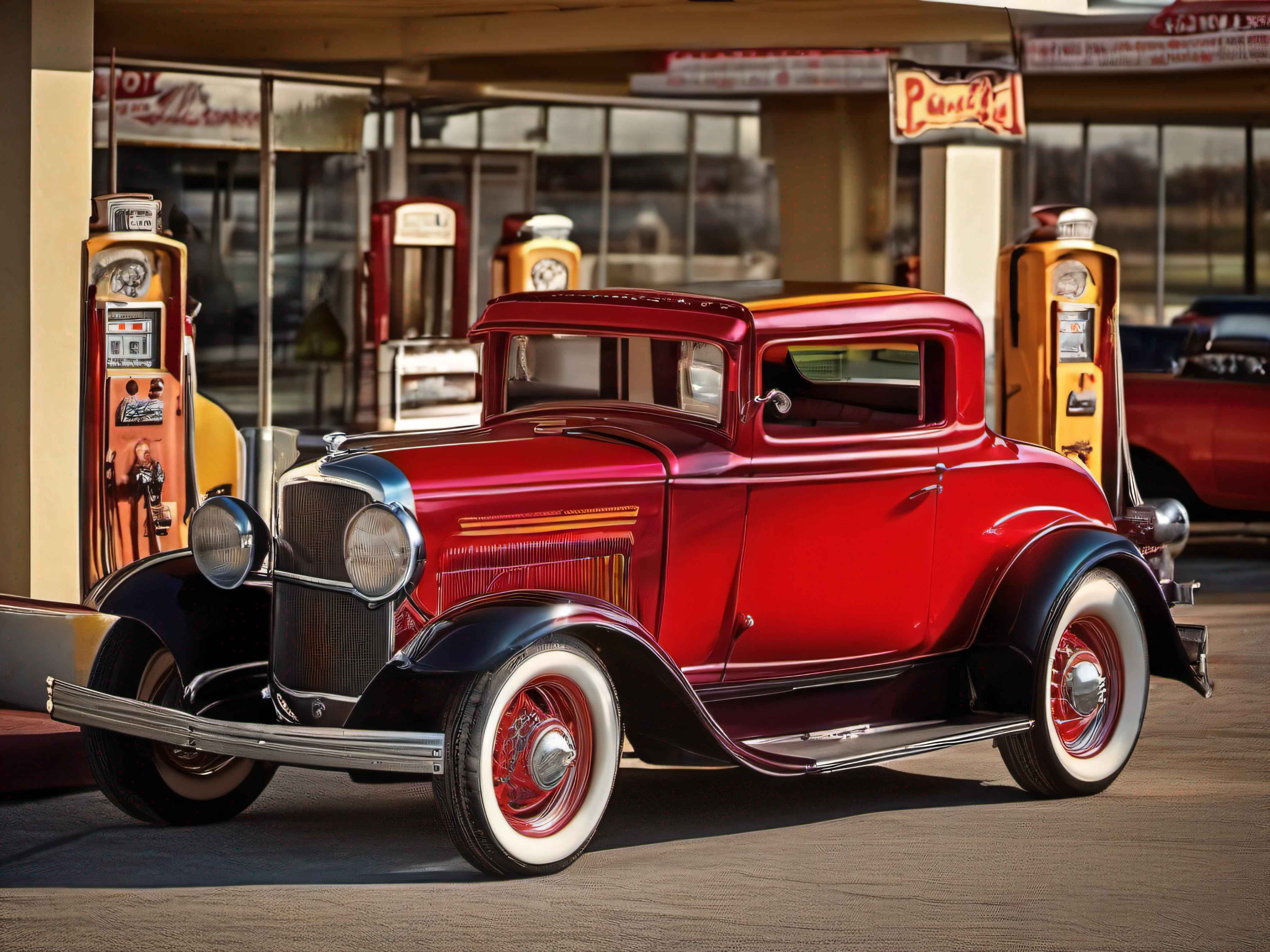 Vintage hot rod at a gas station.