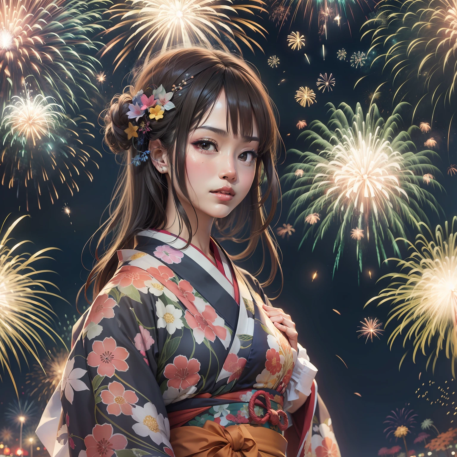 Realistic beauty in yukata and realistic fireworks