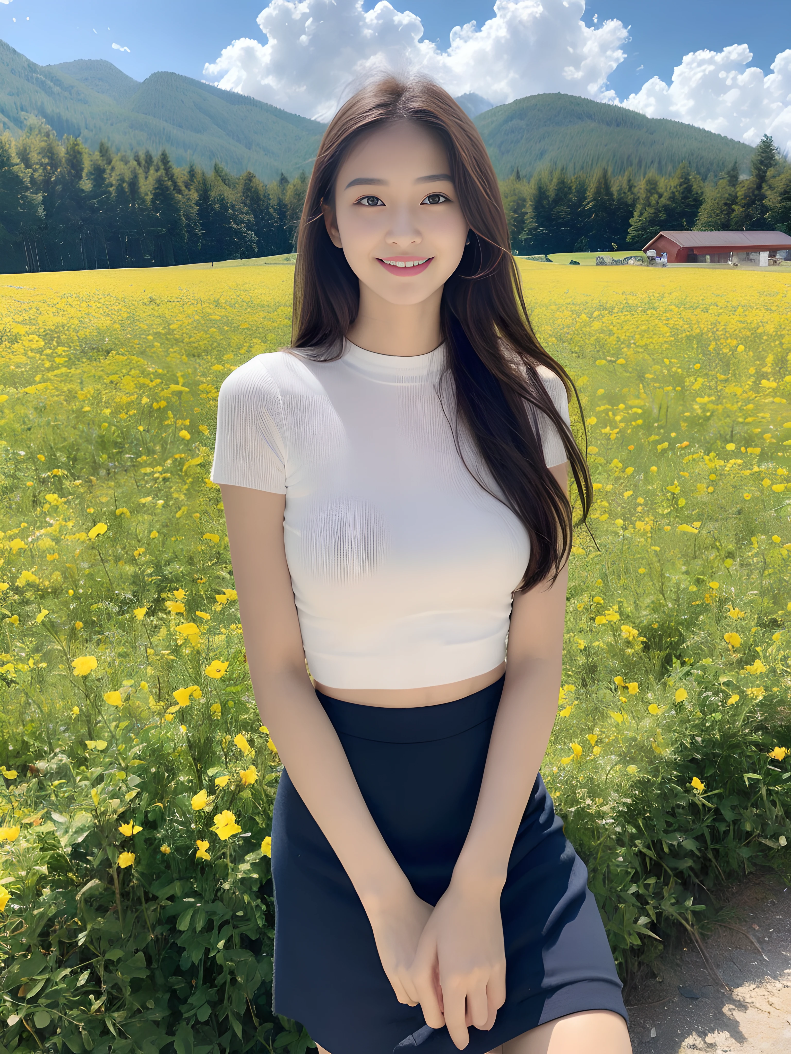 ((best qualtiy, 8K, tmasterpiece:1.3)),Focus:1.2, female high-school student,Drive a motorcycle,Perfect S-Shaped Body,(A look of determination)(adolable),delicated face,Long hair waist-length,long hair flowing,Tilt your head,ssmile,Hair details,Delicate Full Body Portrayal,Delicate depiction of the face,Best picture quality,A high resolution,细致背景,Delicate portrayal,exquisitedetails,Rich in detail,Facial strengthening,(Short crop top,short skirt),with blue sky and white clouds,Sitting Among the Flowers,wooden cabin,There are no bags under the eyes