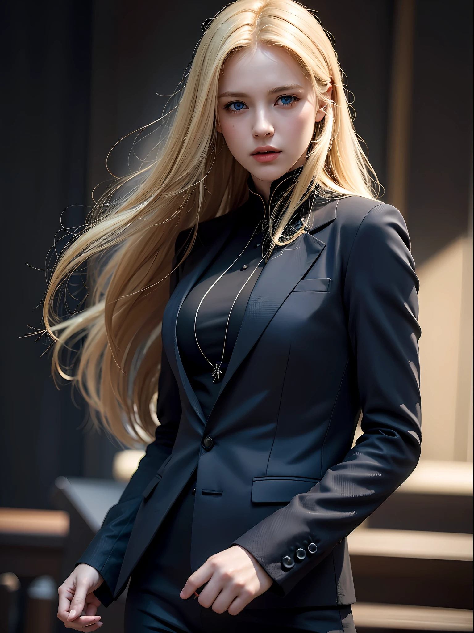 Best quality, masterpiece, ultra high res, (photorealistic:1.4), raw photo, 1girl, blonde hair, blue eyes,  detailed eyes and face, black suit, dynamic lighting, in the dark, deep shadow, low key, cowboy shot full-lenght body