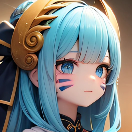 baby doll、Close-up of the face、neon blue、gold、odd eyes、neon blue hair、Long hairs、facepaint、Striking golden hair ornament