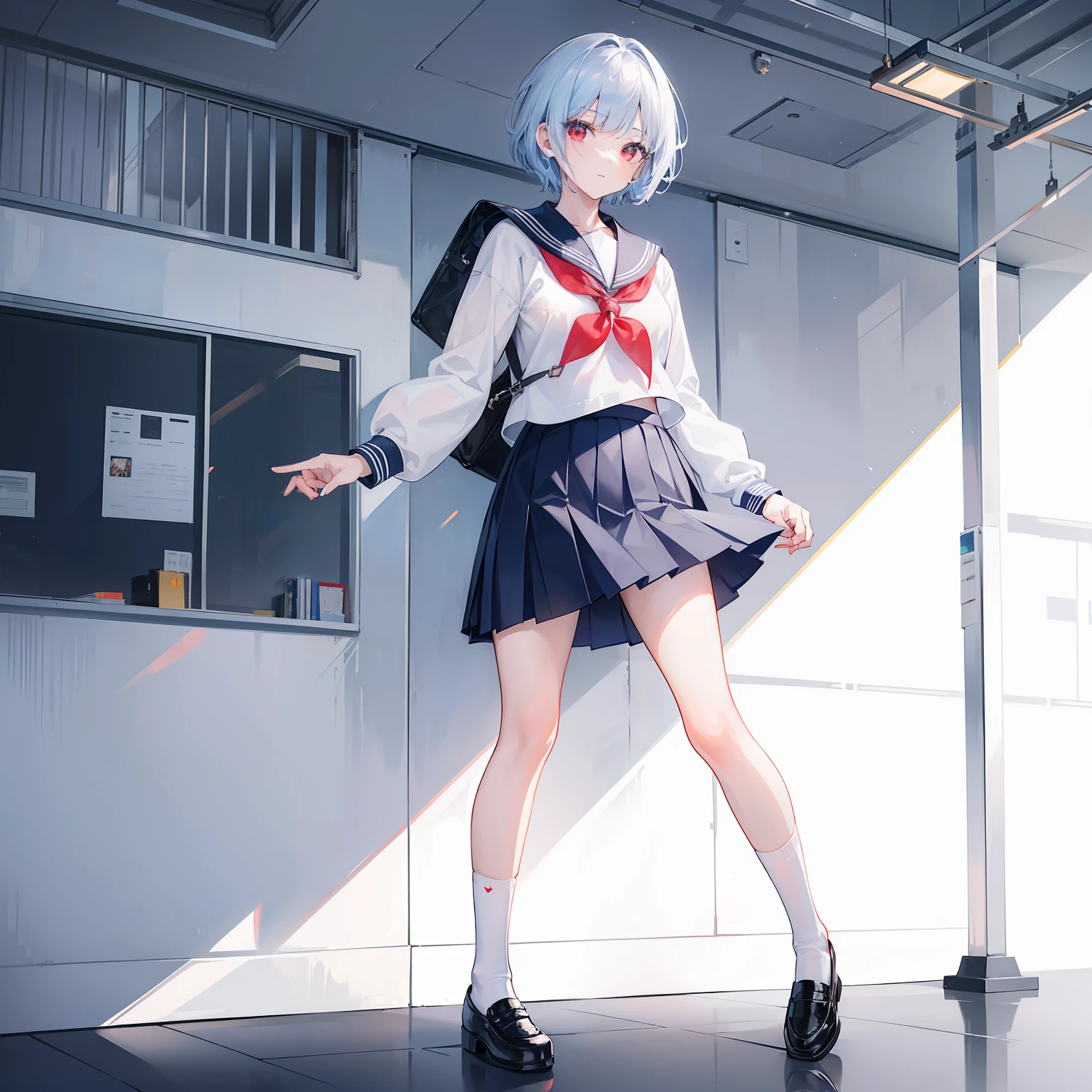 Description of a short-haired young woman holding a briefcase, 1 girl, solo, school uniform, Gohei, skirt, shoes, Serafuku, white sailor suit, socks, Mary Janes, school background, different costume, long sleeves, light blue hair, full body , looking at viewer, red eyes, short hair