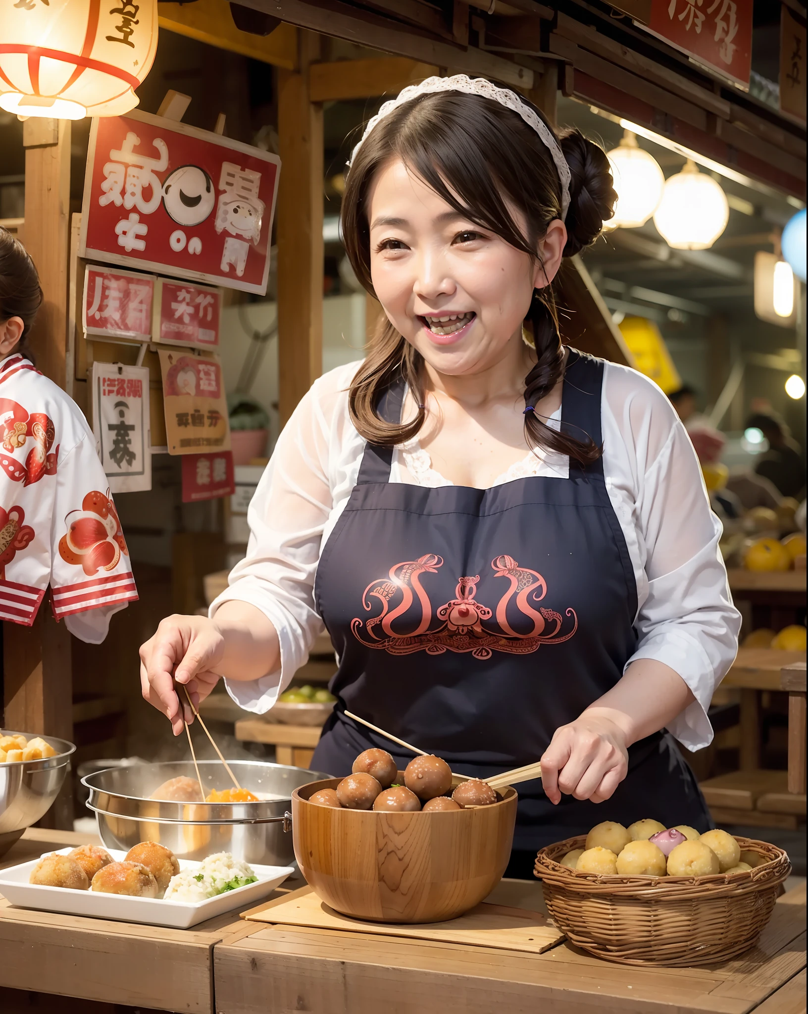 In a quaint Japan neighborhood, Among the many stalls, Bustling and bustling stalls catch the eye of passers-by、Plump 50-year-old mature woman, Show cleavage, Wearing an old apron、Wear old cloth gloves、Tanaka, Everyone's mother, Energetic Octopus Ball Bender, The public seems to have stepped straight into the heartwarming film、Plump, Warm smile and glowing eyes, Tanaka exudes an aura of friendliness and charm, Attract customers like a magnet、Her stall was decorated with many colorful lanterns, Unleash the enchanting aroma of freshly made octopus balls, Octopus balls are lined up all over the desk、In front of her, Octopus Ball、It is baked on a griddle with many round holes for baking octopus balls.、Entice hungry patrons from all over the world、Tanaka's apron is decorated with a cheerful octopus print、Show cleavage, While she deftly moves around the small cooking station, She flips a takoyaki ball with a metal skewer, A black iron plate full of octopus balls、A true maestro at work、Burning sounds and rhythmic sounds of metal、Become a captivating symphony that complements the lively chatter of customers and friends、greatly pleases her many audiences、She shares the history of the neighborhood and the secret stories behind her legendary sources, Bringing joy and laughter to men and women of all ages.When dusk subsides, Lots of lanterns in her stall come to life, Warm octopus balls are lined up on the desk、casting a warm glow upon the scene. Tanaka's food stall becomes a community-based base, Locals々Gatherings、Share your story、A place to make warm memories. A stranger makes friends with a plate of octopus balls, And the sounds of laughter and happiness fill the air.Her great kindness is、Spread her love and compassion to the neighborhood beyond the food she provides. She is a darling, The true embodiment of the concept of Japan hospitality, A place where hospitality and sincere compassion for others shine、Symbol of motherhood、kindly smile、Show cleavage, Octopus balls are