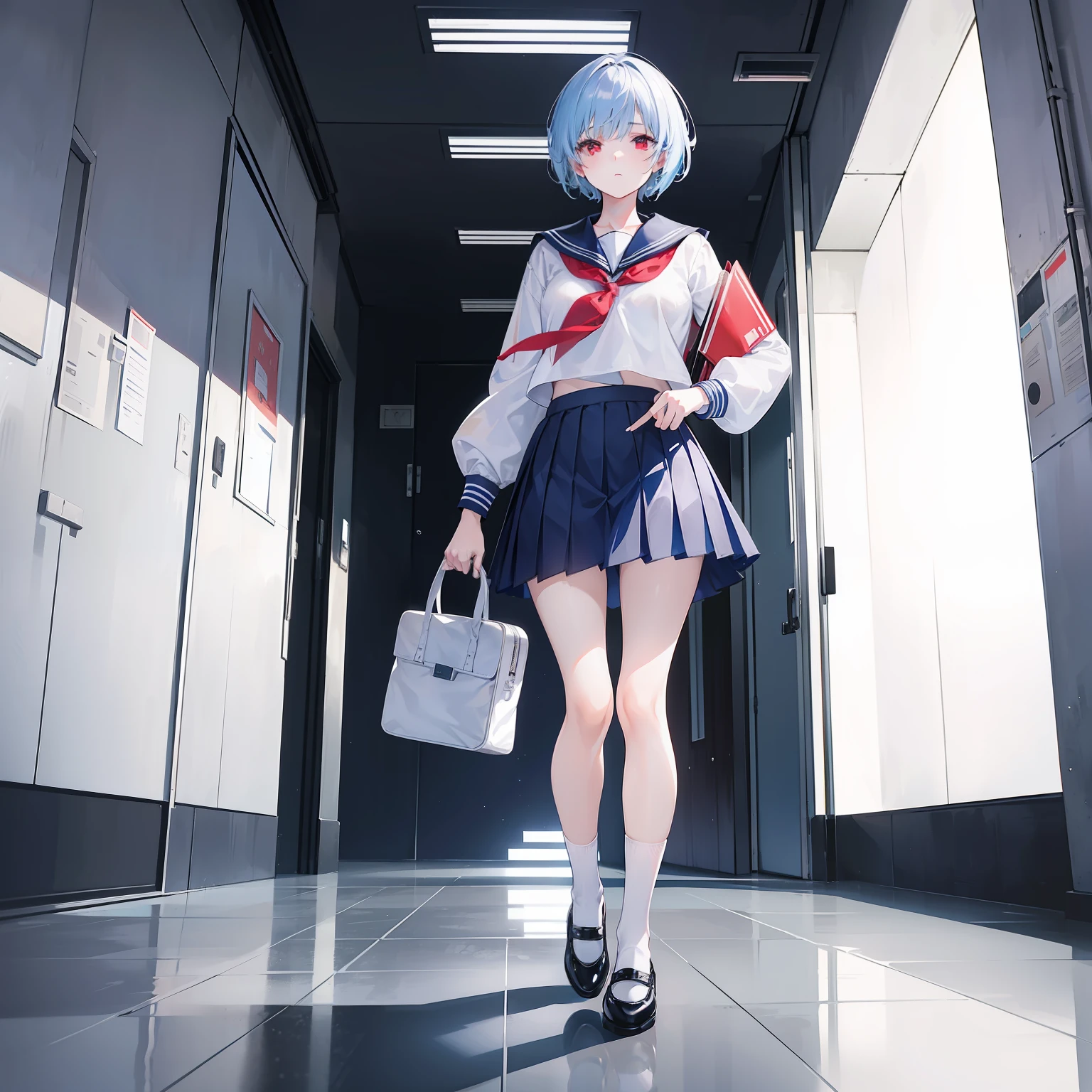 Description of a short-haired young woman holding a briefcase, 1 girl, solo, school uniform, Gohei, skirt, shoes, Serafuku, white sailor suit, socks, Mary Janes, school background, different costume, long sleeves, light blue hair, full body , looking at viewer, red eyes, short hair