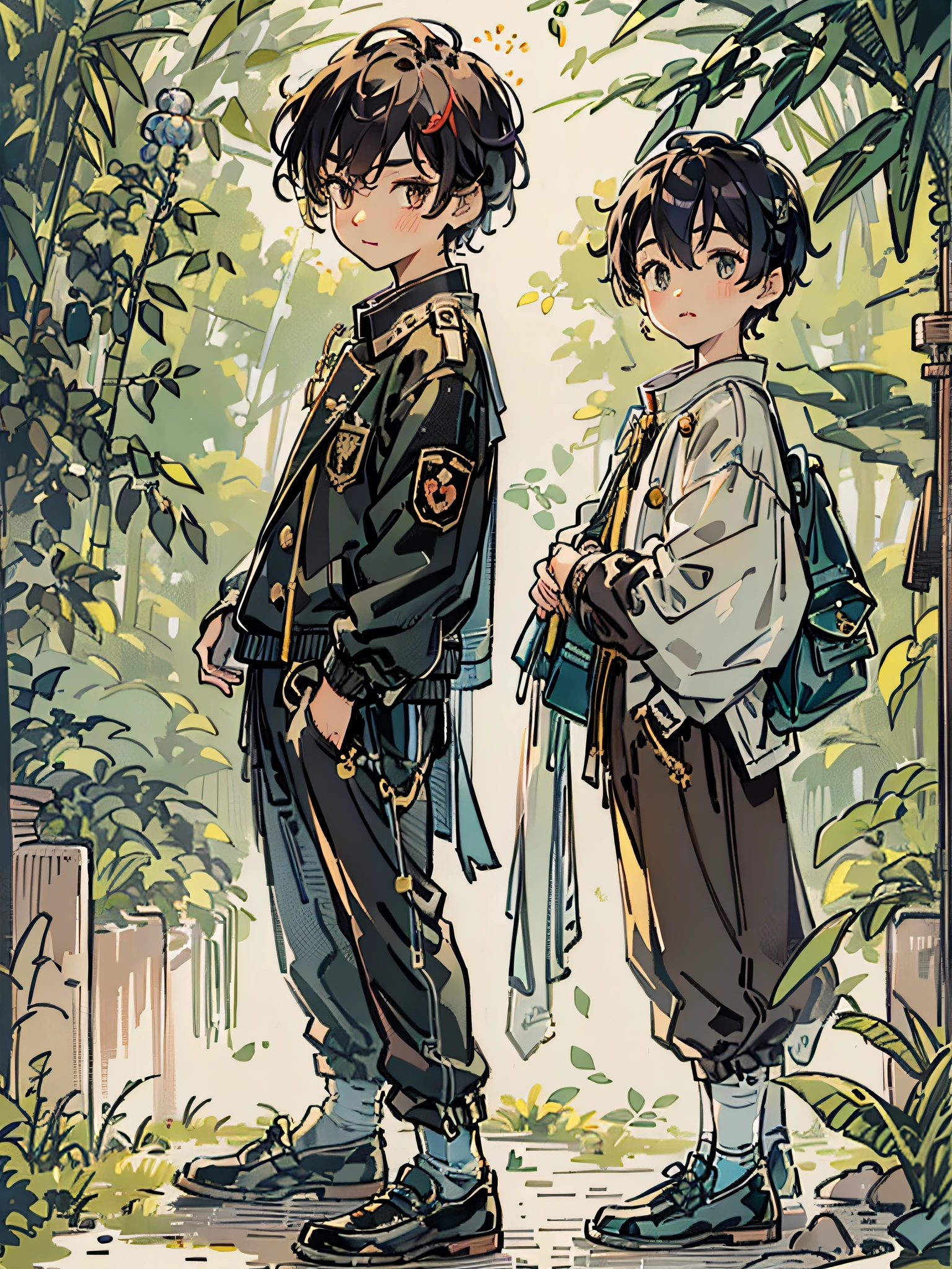 Propose a very attractive design、modern、Boy in pants、Modern Japan Male Student、1boys、Boy in school uniform、All black uniforms、 boy、Boy with short hair、Standing Picture、Standing Pose、Katsushika Hokusai-kaze、Natural color design、Bold and beautiful plant design、Bamboo motifs、Long stretched bamboo design、Bamboo forest background、Detailed diagram of the pattern、With the highest quality、Masterpiece、hight resolution、Artistic style、Postcard Design、Balanced design、Attractive composition、Emotional Art、Beautiful light production、Aerial perspective、japanese aesthetic、4K resolution、Gorgeous background art、Attributes of boys(a serene smile、student clothes、long trousers、Leather shoes、slacks、gakuran、tight collar、Black School Uniform、Black stuffed collar jacket、Jacket with golden buttons、school uniform、military uniform、male people、Little Boy、rsonality、Dignified、Strong-willed、Beautiful Boys、nobility、A dark-haired、straight haired、short-hair、Natural hairstyle、Honor Students、Good impression)