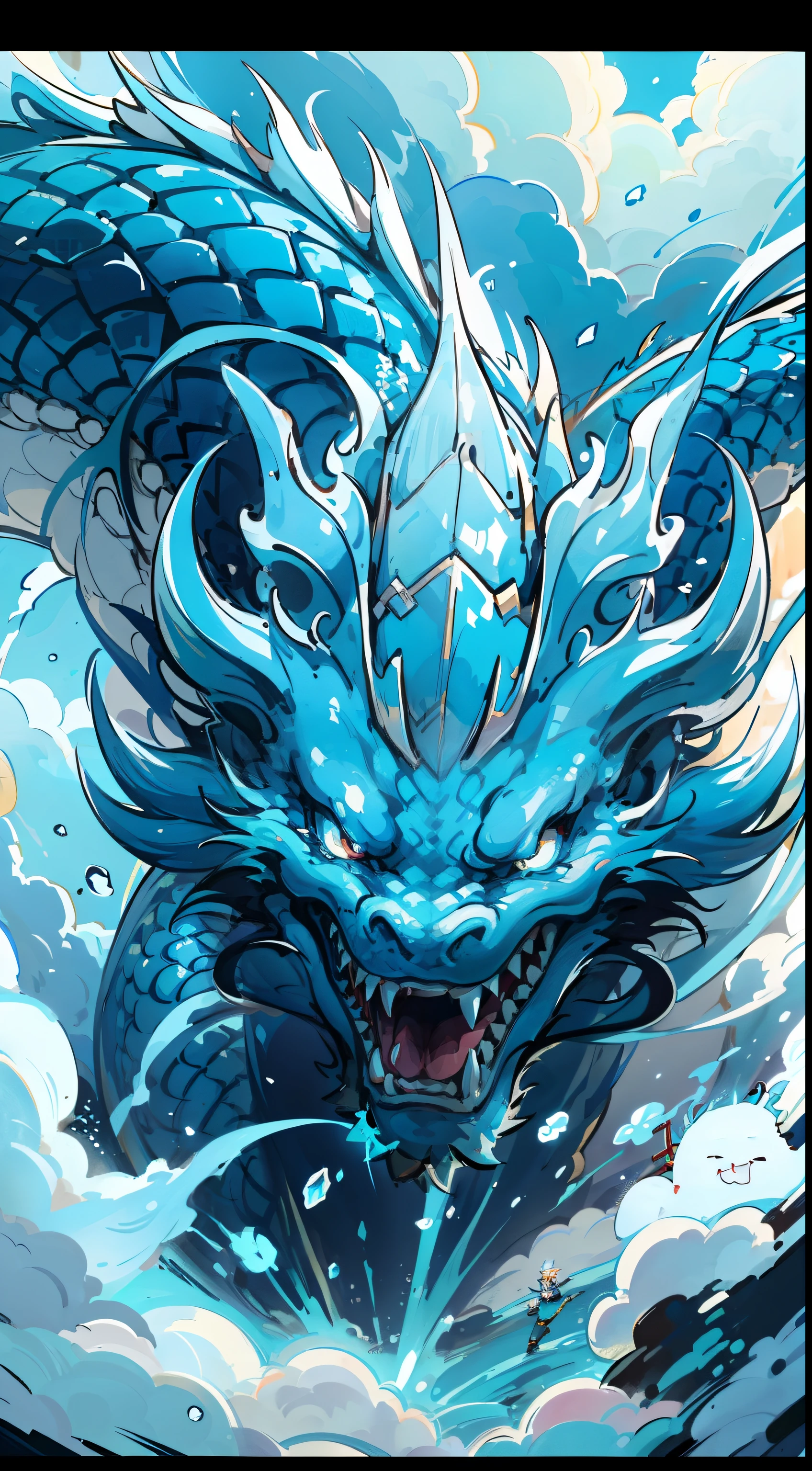 （（（A Chinese dragon））），cyan colors|white colors，（（A cute little girl）），baiyun，cartoonish style，（（Complicated details）），hdr，（（Complicated details，ultra - detailed）），Epic composition，Realistic lighting，high definition detail，tmasterpiece，Best quality，（非常详细的 CG 统一 8k 壁纸），Medium perspective