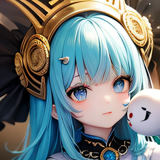 baby doll、Close-up of the face、neon blue、gold、odd eyes、neon blue hair、Long hairs、facepaint、Striking golden hair ornament