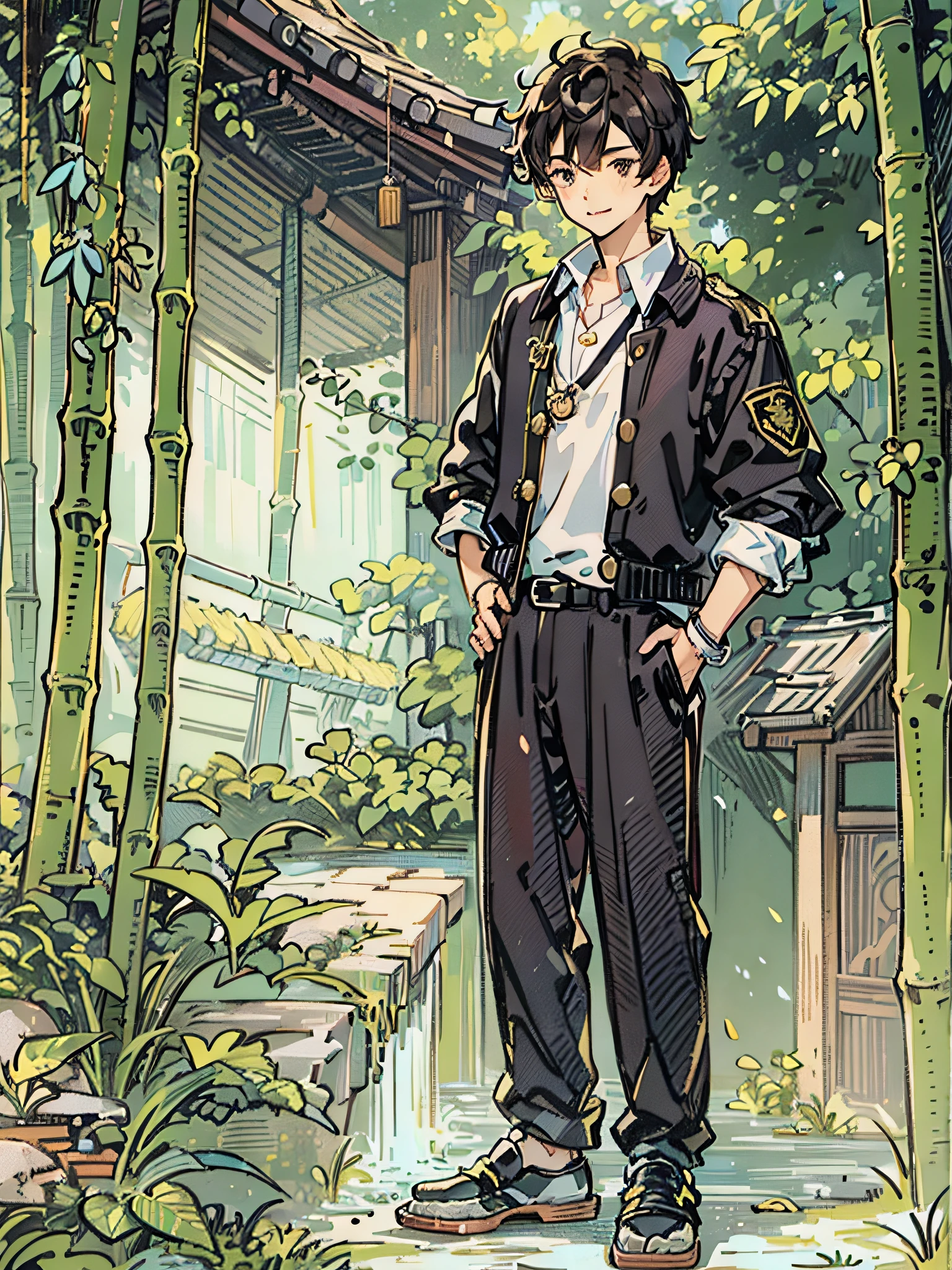 Propose a very attractive design、modern、Boy in pants、Modern Japan Male Student、1boys、Boy in school uniform、All black uniforms、14-year-old boy、Boy with short hair、Standing Picture、Standing Pose、Katsushika Hokusai-kaze、Natural color design、Bold and beautiful plant design、Bamboo motifs、Long stretched bamboo design、Bamboo forest background、Detailed diagram of the pattern、With the highest quality、Masterpiece、hight resolution、Artistic style、Postcard Design、Balanced design、Attractive composition、Emotional Art、Beautiful light production、Aerial perspective、japanese aesthetic、4K resolution、Gorgeous background art、Attributes of boys（a serene smile、student clothes、long trousers、Leather shoes、slacks、gakuran、tight collar、Black School Uniform、Black stuffed collar jacket、Jacket with golden buttons、school uniform、military uniform、male people、Little Boy、Bullish personality、Dignified、Strong-willed、Beautiful Boys、nobility、A dark-haired、straight haired、short-hair、Natural hairstyle、Honor Students、Good impression）