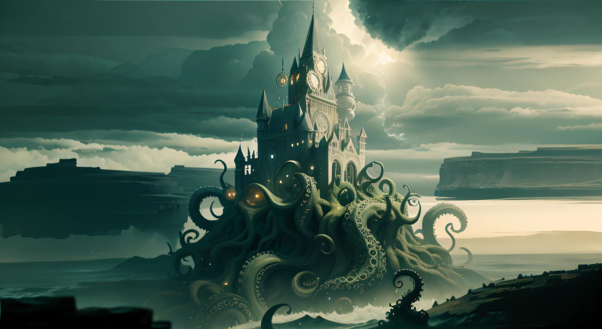 8k，Foto RAW，melhor qualidade, master part: 1.2, detalhes intrincados, papel de parede, ultra high-resolution), (Realistic), There is an image of a magnificent castle with octopus tentacles in the water and between Mountains, Valleys, Canyon, um lago lindo, paisagem lovecraftiana, Fundo Lovecraftiano, detailed cinematic render, 8 k cg render, artistic work, alta qualidade, Inspirado em Lovecraft, inspirado em H.P. Lovecraft, Foto Cthulhu, lovecraftian inspiration, Lula de Cthulhu, lovecraft illustration, Atmosfera lovecraftiana, Onde os horrores lovecraftianos vagam, lovecraft horror, Arte Lovecraft, leviathan cthulhu squid, gloomy, terrifying but beautiful, a dream, nightmare.