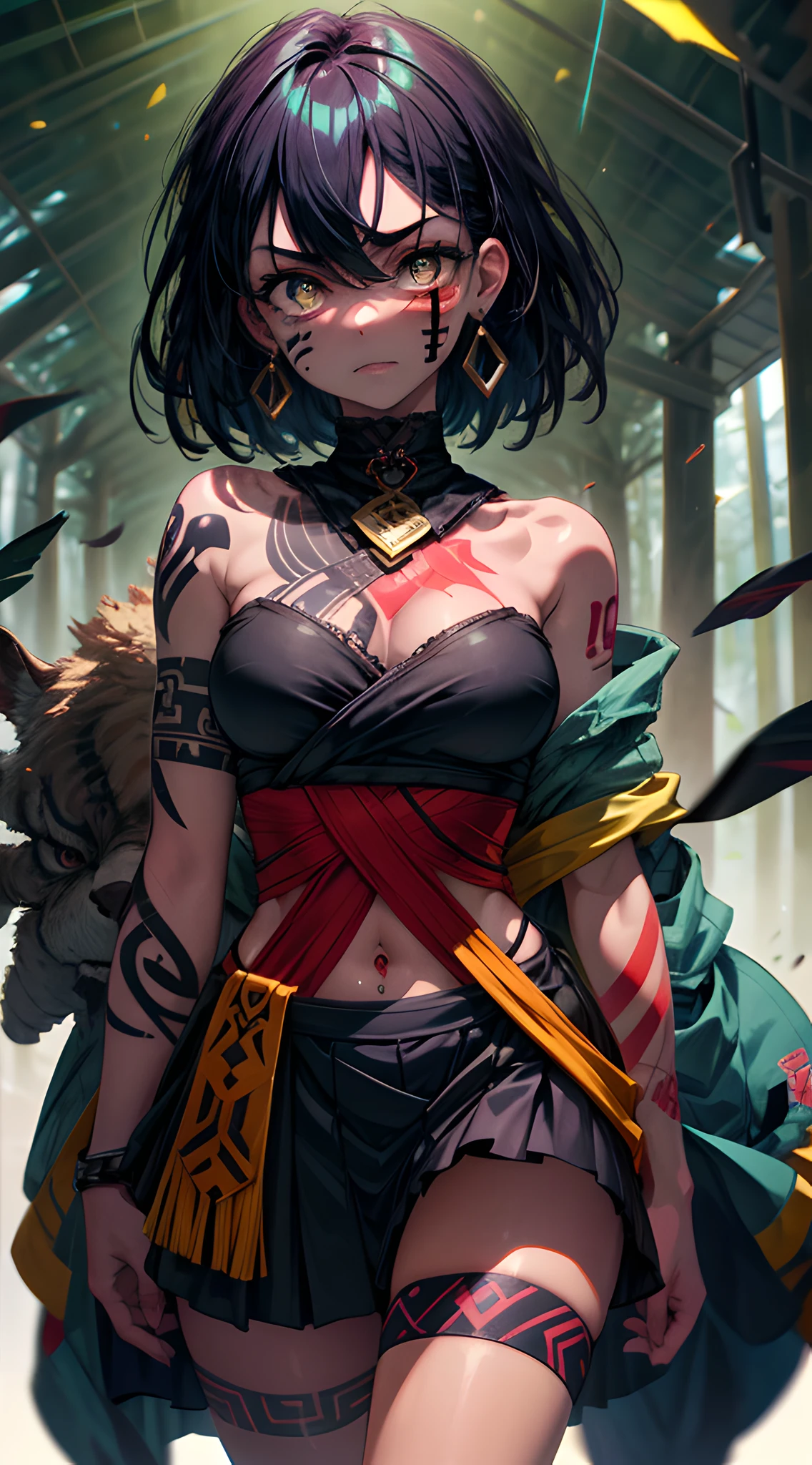 (masterpiece, best quality:1.3), 8k,  teen, official art, raw photo, incredibly absurdres, beatiful girl, medieval, tiger stripe pattern, (face painting, tribal tatoo, wrap tube top, wrap skirt, black hair, forest, jungle, cinch waist, thighs, cowboy shot:1.3), navel, angry, tribal pattern, leafs, looking at viewer, film grain, chromatic aberration, sharp focus, facelight, HDR, dynamic lighting, (highest detailed, extreme detailed, ultra detailed, finely detail:0.8), [delicate facial features, detailed face and eyes, sharp pupils, realistic pupils:12], (simple background:1.2), detailed tribal tatoo, detailed tribal tatoo, tribal tatoo, tribal tatoo, tribal tatoo, tribal tatoo, tribal tatoo, tribal tatoo, tribal tatoo, tribal tatoo, tribal tatoo, tribal tatoo, tribal tatoo, tribal tatoo, tribal tatoo, tribal tatoo, tribal tatoo, tribal tatoo, tribal tatoo, tribal tatoo, tribal tatoo, tribal tatoo, tribal tatoo, tribal tatoo, tribal tatoo, tribal tatoo, tribal tatoo, tribal tatoo and tribal tatoo