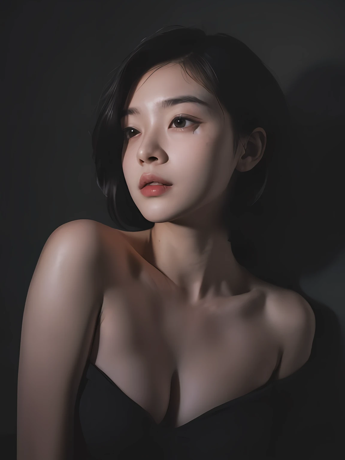 Best quality, masterpiece, ultra high res, (photorealistic:1.5), raw photo, 1girl, offshoulder, in the dark, deep shadow, low key, cold light, sexy look, short hair
