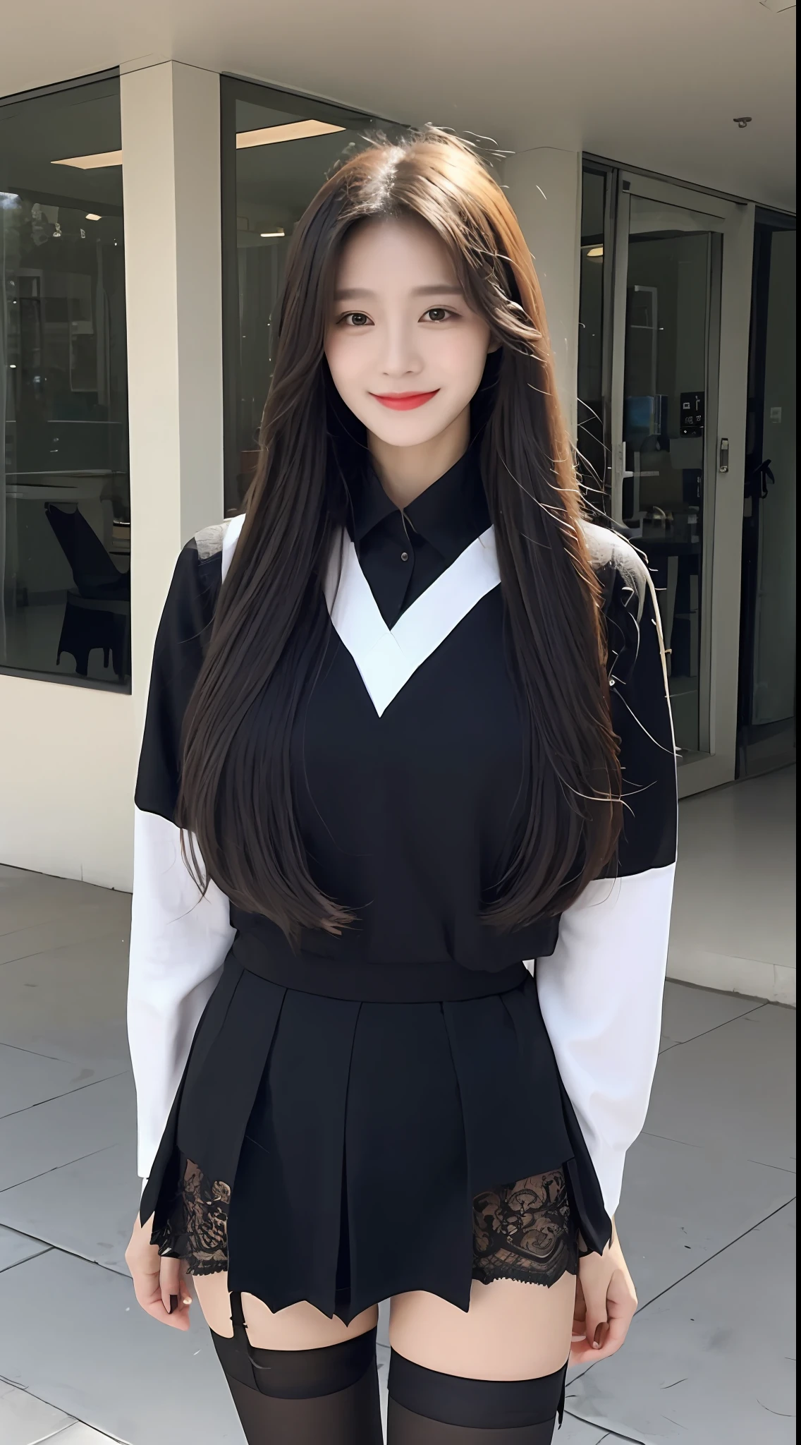(1 Korean star with royal sister style), ((Best quality, 8K, 巨作: 1.3)), focal point: 1.2, Perfect body proportions: 1.4, (Make a smile), (Ray traching),Watery eyes, Highly Detailed Face and Skin Textur, Fine eyes, Double eyelids, Whitens the skin, (Black long straight: 1.3), (face round: 1.5), (JK miniskirt black stockings: 1.4), (Lace view: 1.6),(Black over-the-knee stockings: 1.4),(J College style:1.4),(Extremely perfect legs)