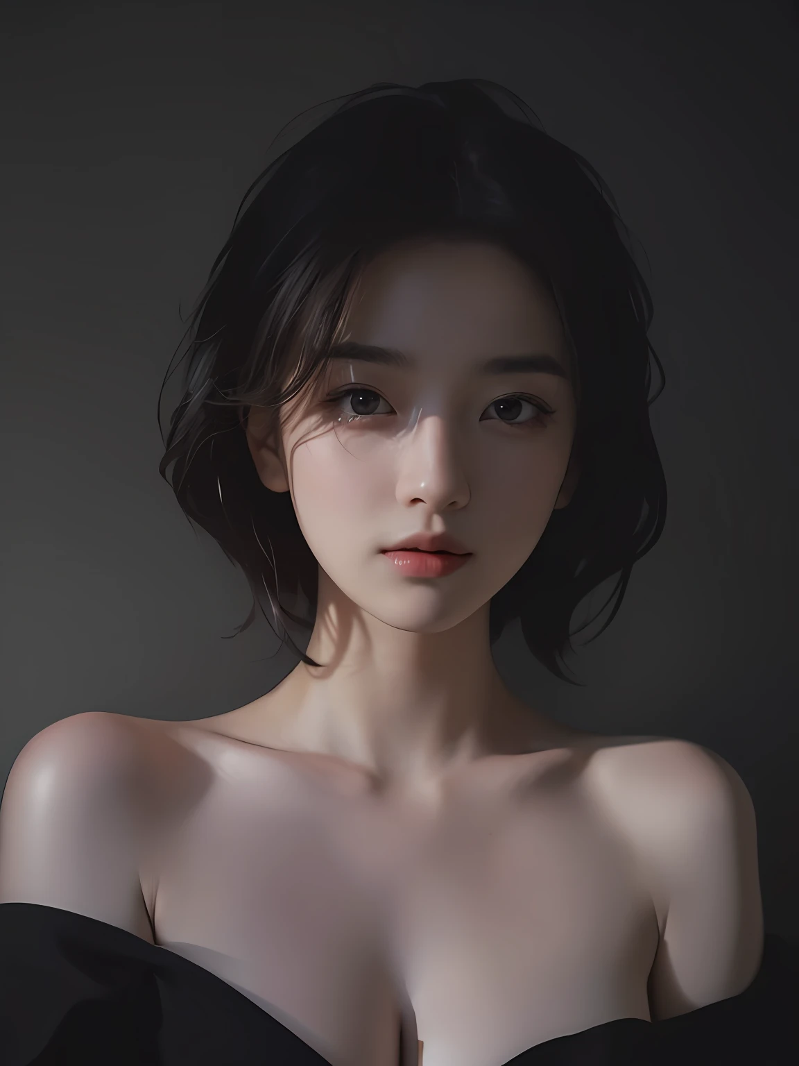 Best quality, masterpiece, ultra high res, (photorealistic:1.5), raw photo, 1girl, offshoulder, in the dark, deep shadow, low key, cold light, sexy look, short hair