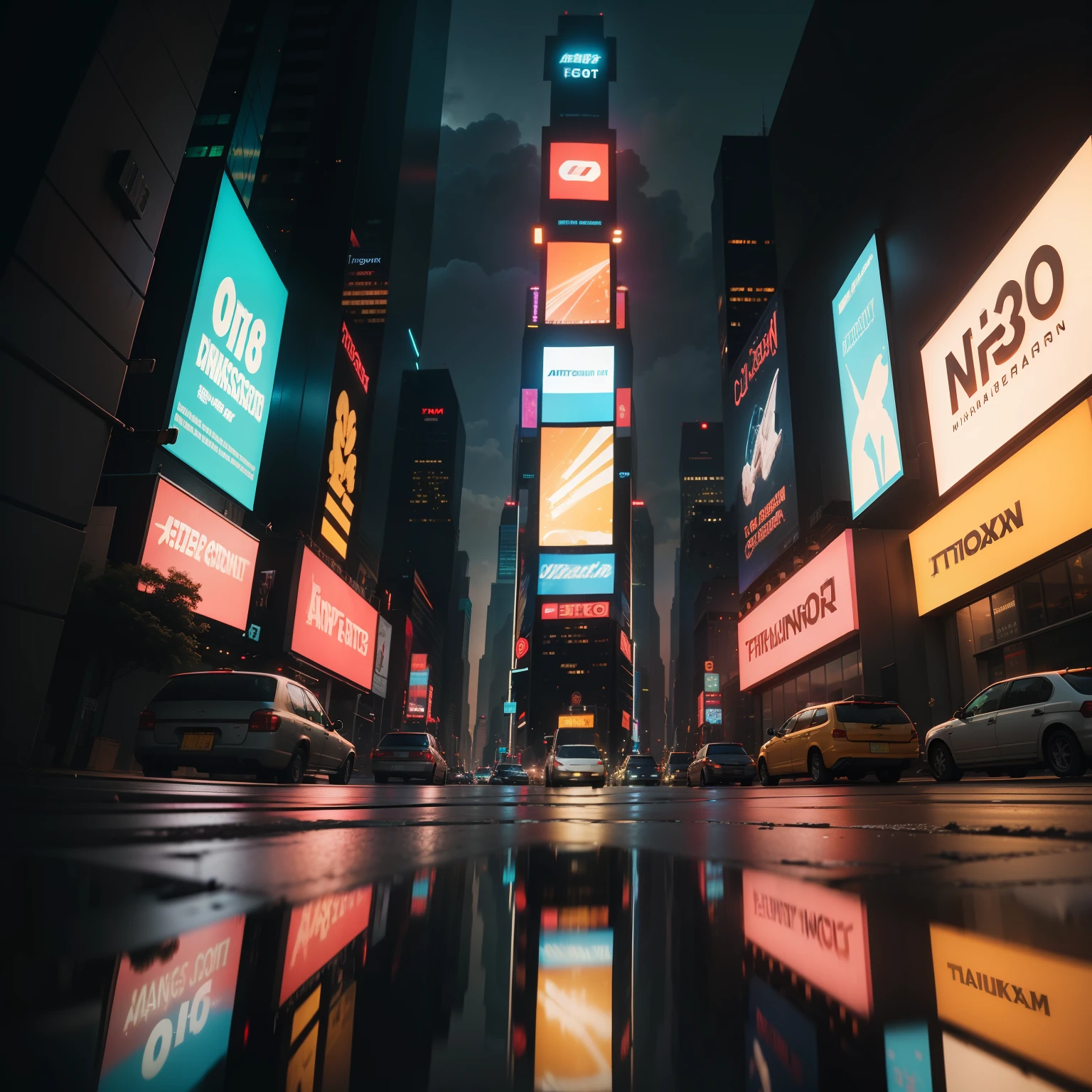 Times Square, reflection on the ground, (clear: 0,7) , [(Colorful explosion psychedelic paint colors: 1.21):: 0.05], amazing fine details, film photography Nikon D850 Kodak Portra 400 camera f1.6 lente, cores ricas, textura realista, lighting dramatic, ambiente urbano, highrise, neon signs , dynamic compositing, mecanismo irreal, trending on ArtStation, cinestill 800 tungsten