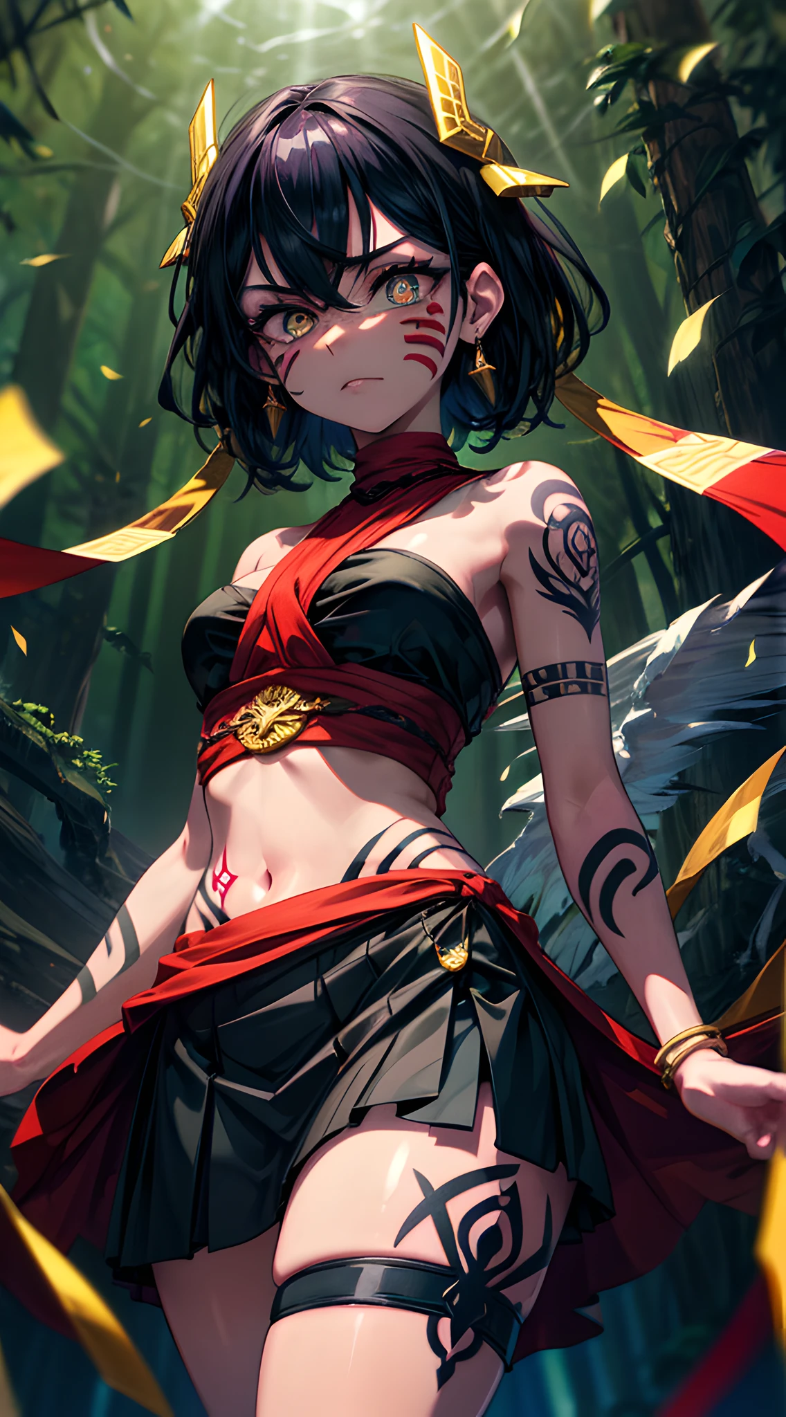 (masterpiece, best quality:1.3), 8k, , official art, raw photo, incredibly absurdres, beatiful girl, from below, medieval, tiger stripe pattern, (face painting, tribal tatoo, wrap tube top, wrap skirt, black hair, forest, jungle, cinch waist, thighs, cowboy shot:1.3), navel, angry, tribal pattern, leafs, looking at viewer, film grain, chromatic aberration, sharp focus, facelight, HDR, dynamic lighting, (highest detailed, extreme detailed, ultra detailed, finely detail:0.8), [delicate facial features, detailed face and eyes, sharp pupils, realistic pupils:12], (simple background:1.2), detailed tribal tatoo, detailed tribal tatoo, tribal tatoo, tribal tatoo, tribal tatoo, tribal tatoo, tribal tatoo, tribal tatoo, tribal tatoo, tribal tatoo, tribal tatoo, tribal tatoo, tribal tatoo, tribal tatoo, tribal tatoo, tribal tatoo, tribal tatoo, tribal tatoo, tribal tatoo, tribal tatoo, tribal tatoo, tribal tatoo, tribal tatoo, tribal tatoo, tribal tatoo and tribal tatoo