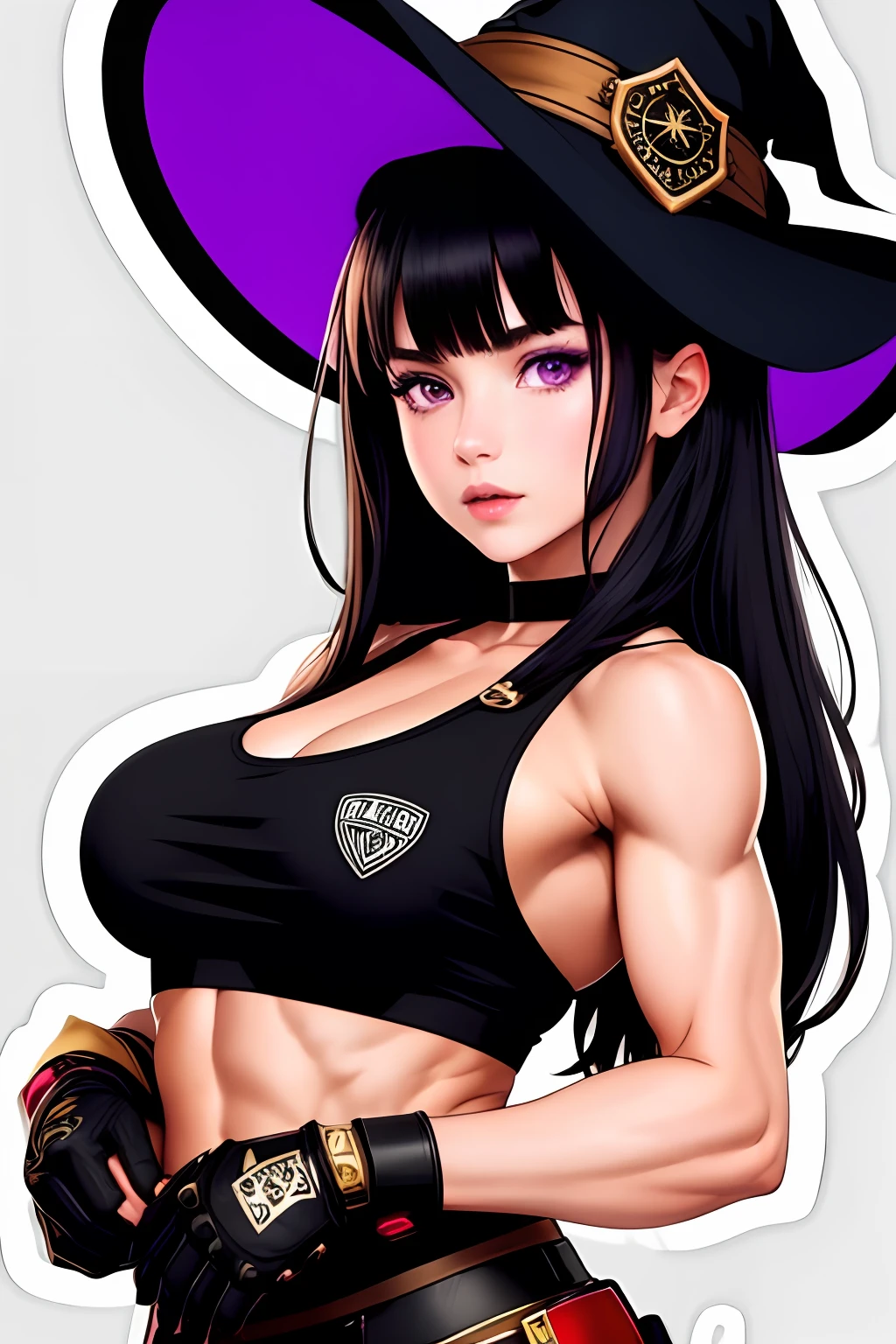 ((stickers)), 1girl, solo, long hair, breasts, looking at viewer, bangs, black hair, gloves, hat, bare shoulders, medium breasts, purple eyes, collarbone, upper body, parted lips, black headwear, muscular, witch hat, tank top, fire, muscular female, black tank top (masterpiece:1.2), (best quality), (ultra detailed), (8k, 4k, intricate),(highly detailed:1.2),