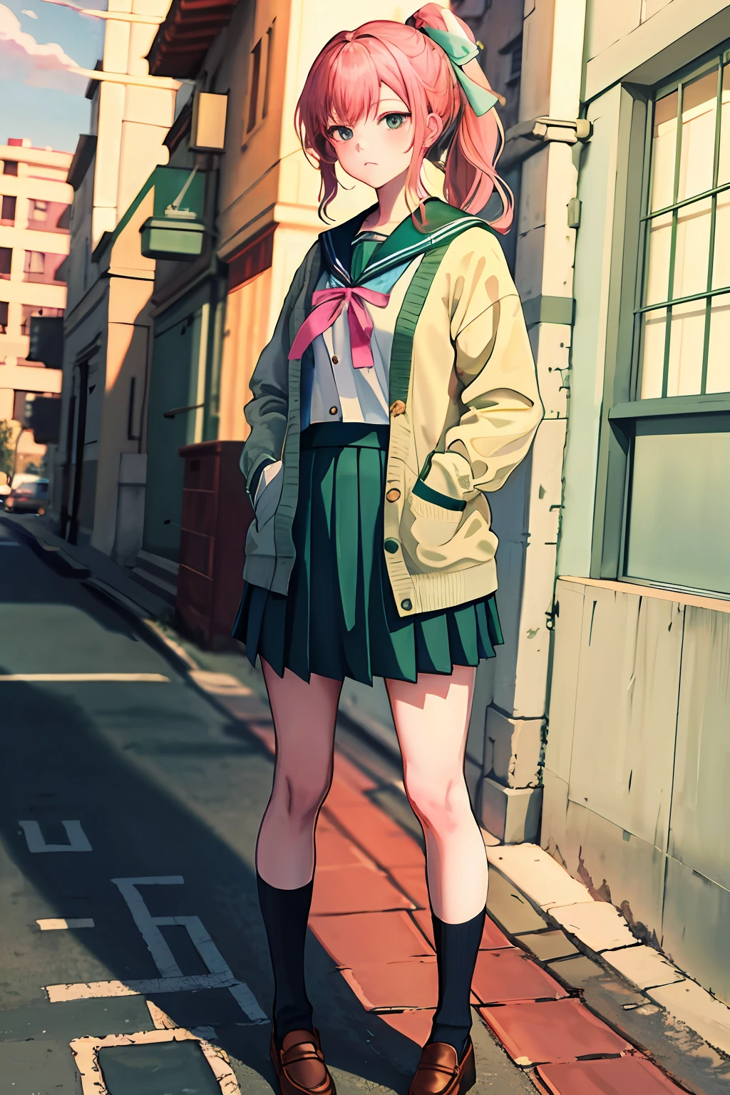 (highres, best quality:1.2), radiance, soft contours, beautiful drawing, masterpiece, best quality, highres, 1girl, ponytail, green sailor collar, long sleeves, open cardigan, serafuku, green skirt, skirt, blue cardigan, pink ribbon, medium hair, ribbon, socks, , frown, hand in pocket, street,