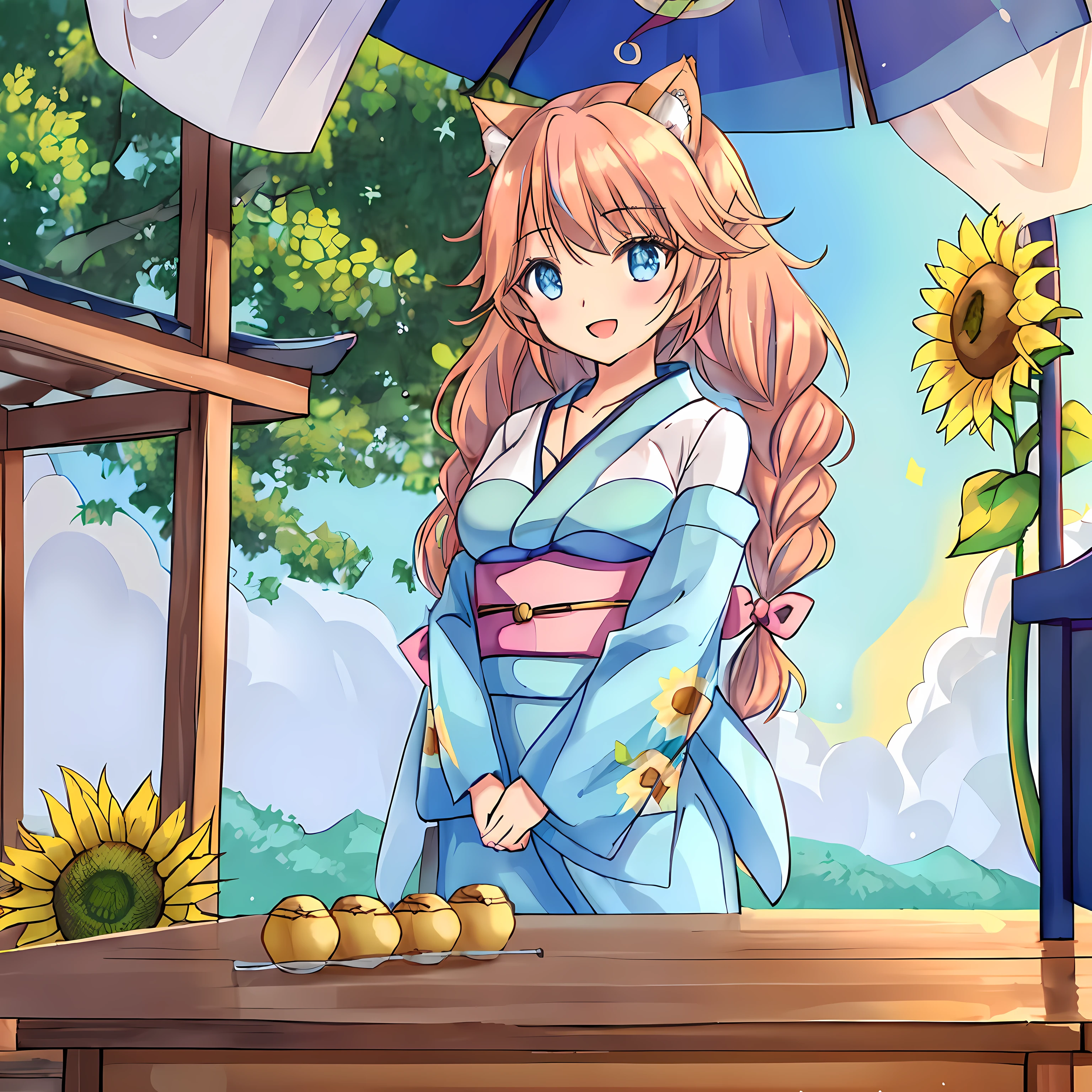 (Highly detailed CG Unity 8k wallpaper), (Best Quality), (Super Detail), (Best Illustration), (Best Shadow), POV, Realistic lighting and shading, Natural light, Lens flare effect, BREAK, 1 beautiful girl, Solo,(Cute:1.5),(Chibi:0.8), (kawaii:1.5),(Lori:0.5), BREAK,  ( (17 years old girl), Very detailed, colourfull, highest details, BREAK, (Huge breasts: 1. 2,), Clear skin, Beautiful skin, Shy skin, 1 beautiful girl, Brown hair wet with sweat, (Cat ears, Braids,medium-Long hair: 1. 2), (Light blue eyes, long eyelashes, Double eyelids: 1. 2), Solo,  gleaming skin, BREAK,(Yukata with cute sunflower pattern,Dark blue obi kimono:1.2), (:D:1.2),  (star-shaped earring:1.1), (Hair ornament in the shape of the moon:1.0), (Geta:1.3), (Arms spread with high tension:1.1), (is standing,,Slouched:1.3), Taking off your t-shirt, (Angle from above,Emphasizes cleavage:1.1), BREAK, (omatsuri:1.2),(food stand,Shooting Stall,natta,skyrocket:1.5),