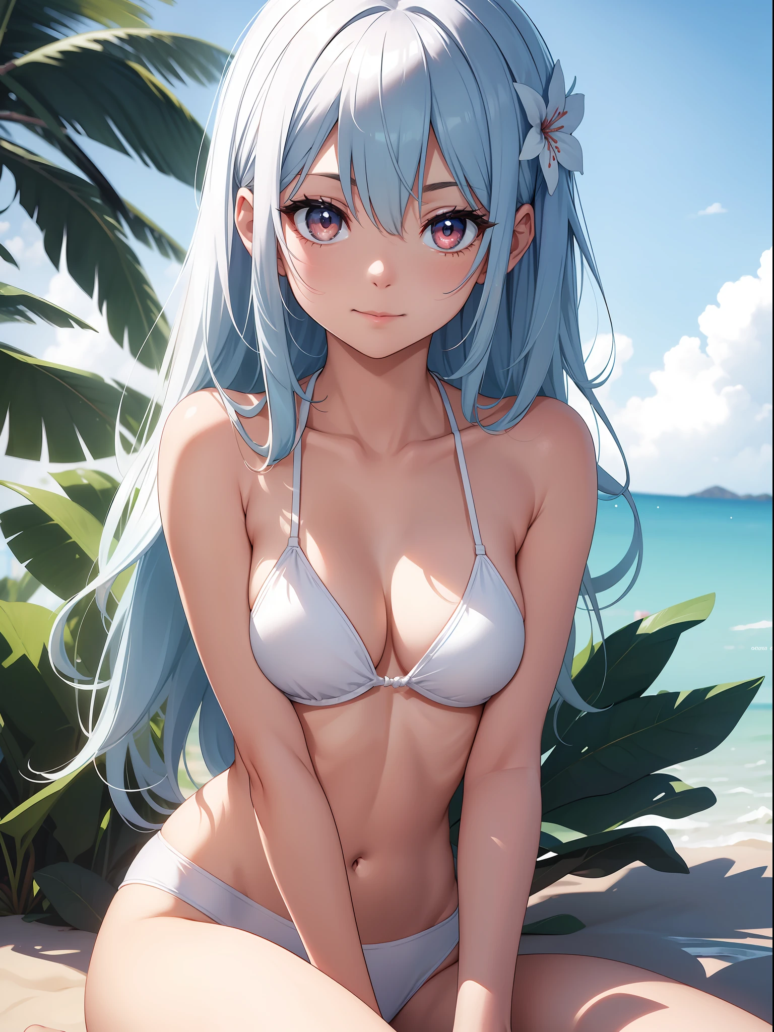 （Top quality ultra-detailed CG art、Upper body naked、a white bikini：１.２）、sand beach、Blue hair、smooth hair、Big red eyes,Mid summer、Delicate body、breasts are small、Medium Hair、short in stature、It features a simple、Hairpin、ssmile、short in stature、crouching down、sitting on、Relaxed atmosphere、A popular girl who is always bright、